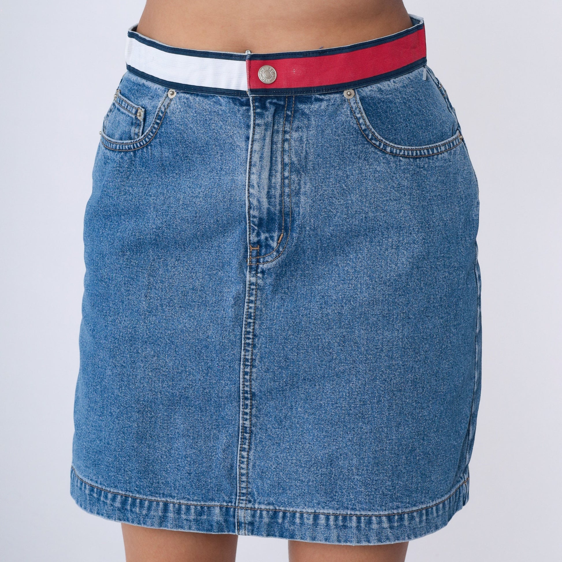 Tommy Hilfiger Y2K Denim Mini Skirt Blue High-Waisted Pencil Cut Medium 8