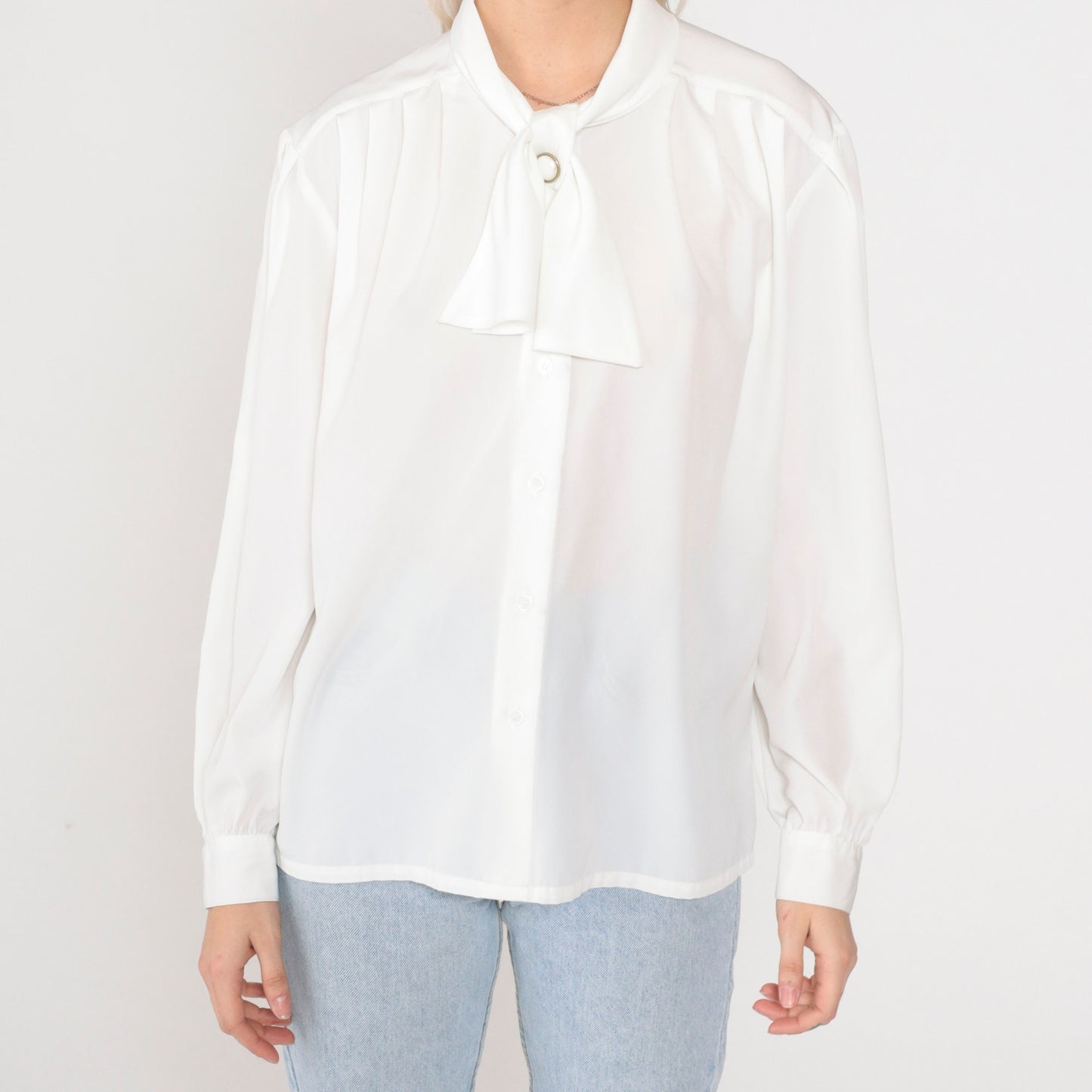 90s Koret White Button-Up Blouse Ascot Tie Long Sleeve Large L