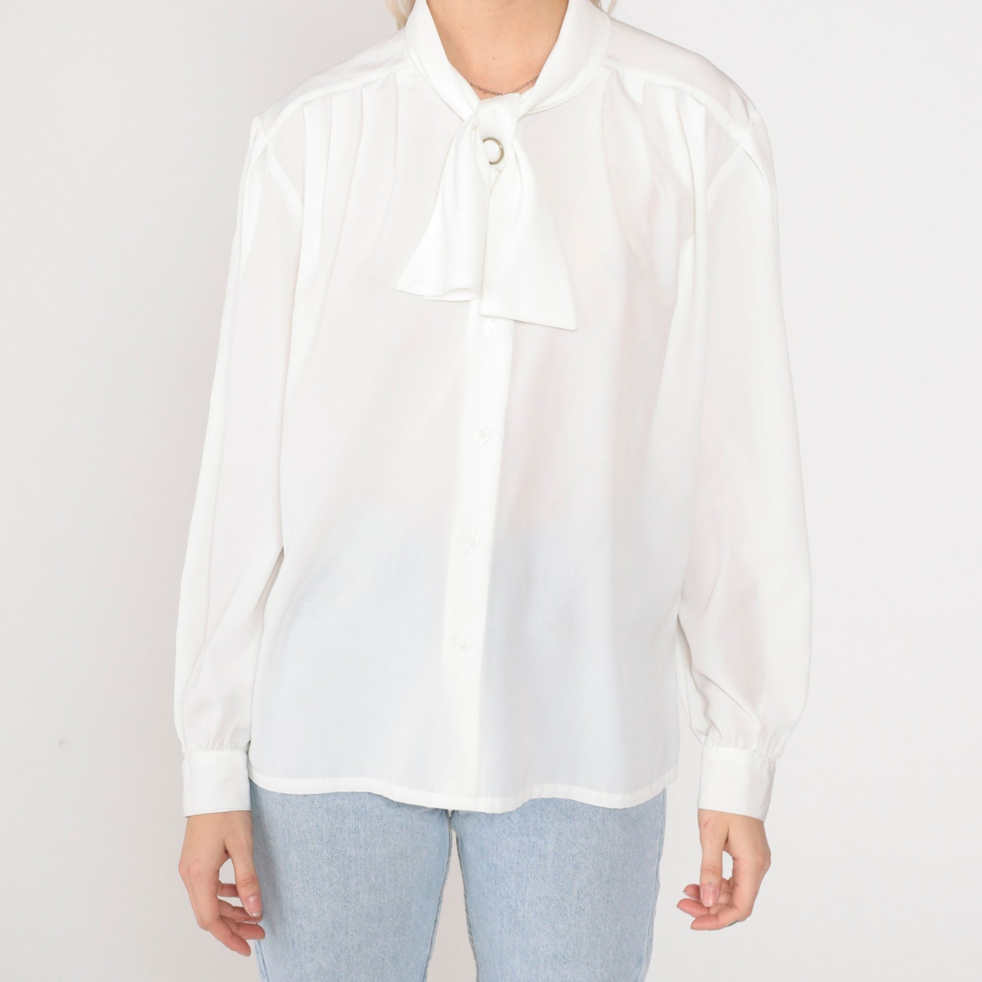 90s Koret White Button-Up Blouse Ascot Tie Long Sleeve Large L