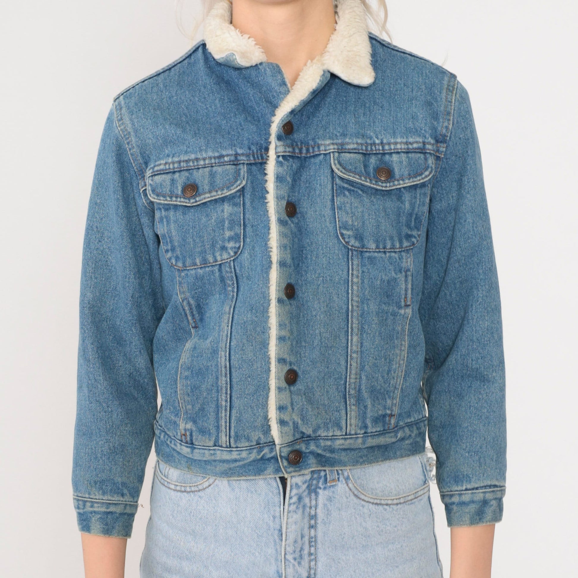 90s The Gap Denim Sherpa Jacket Blue Cropped Snap Jean Coat XXS