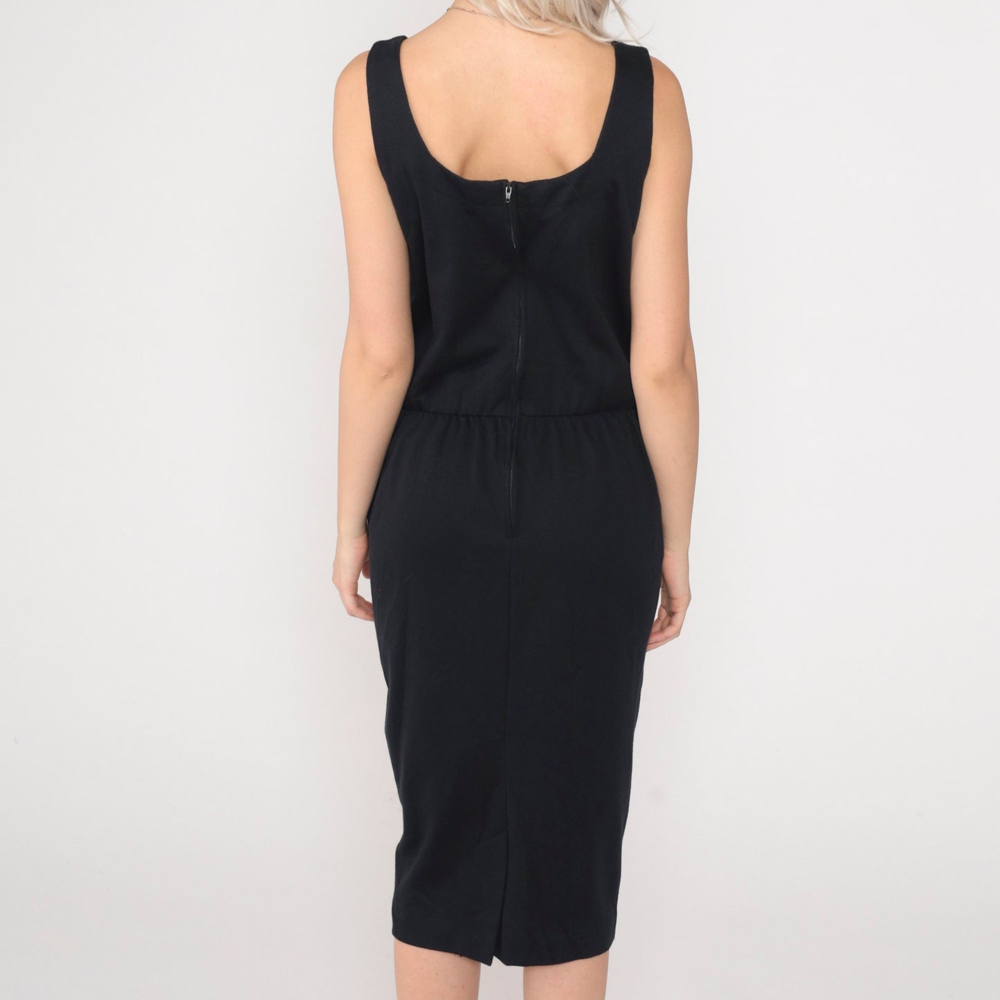90s Black Midi Tank Dress High Waist Sleeveless Scoop Neck Large