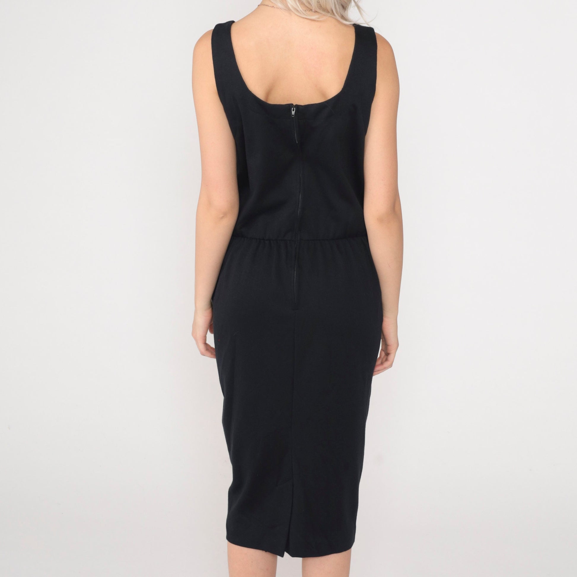 90s Black Midi Tank Dress High Waist Sleeveless Scoop Neck Large