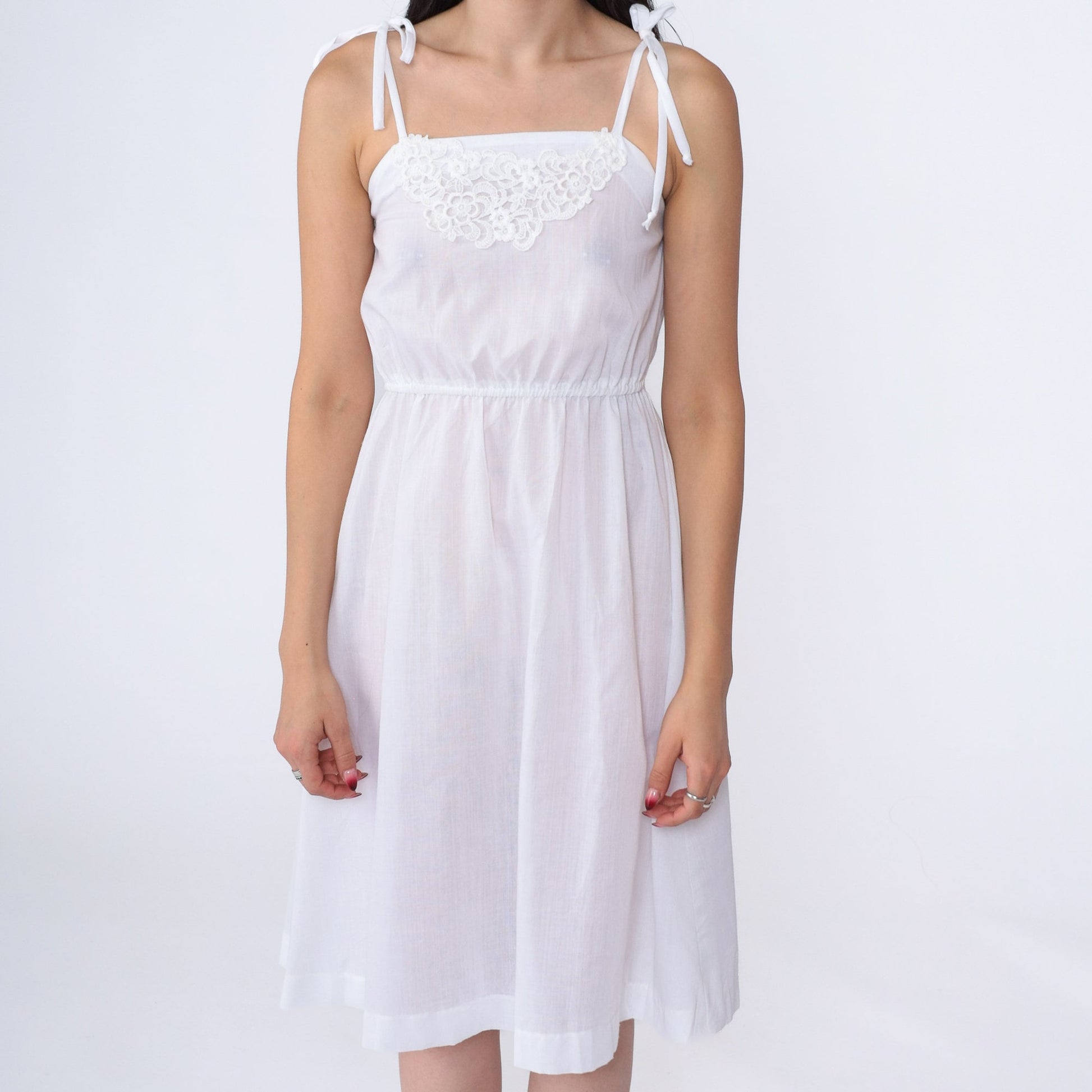 70s White Lace Spaghetti Strap Sun Dress High Waist Mini Extra Small