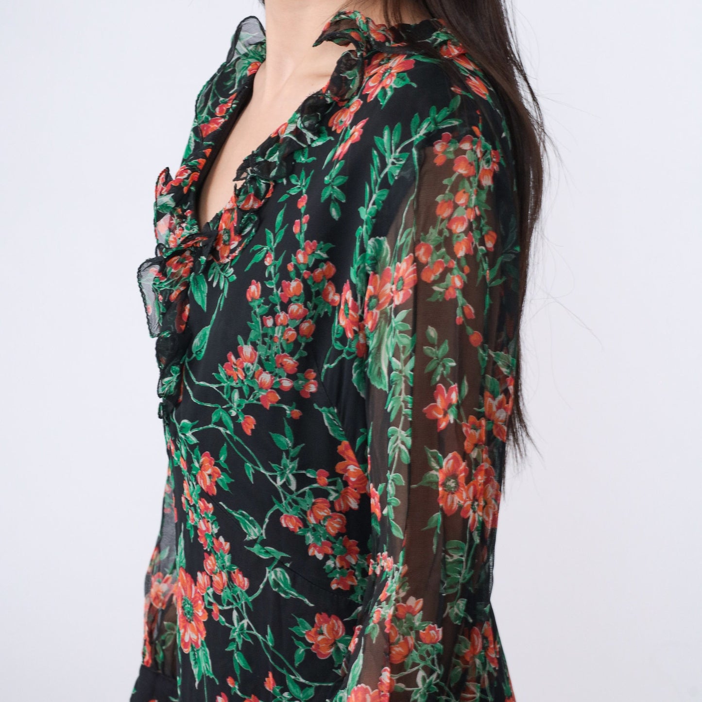 70s Floral Babydoll Mini Dress Empire Waist V-Neck Long Sleeve Black Large