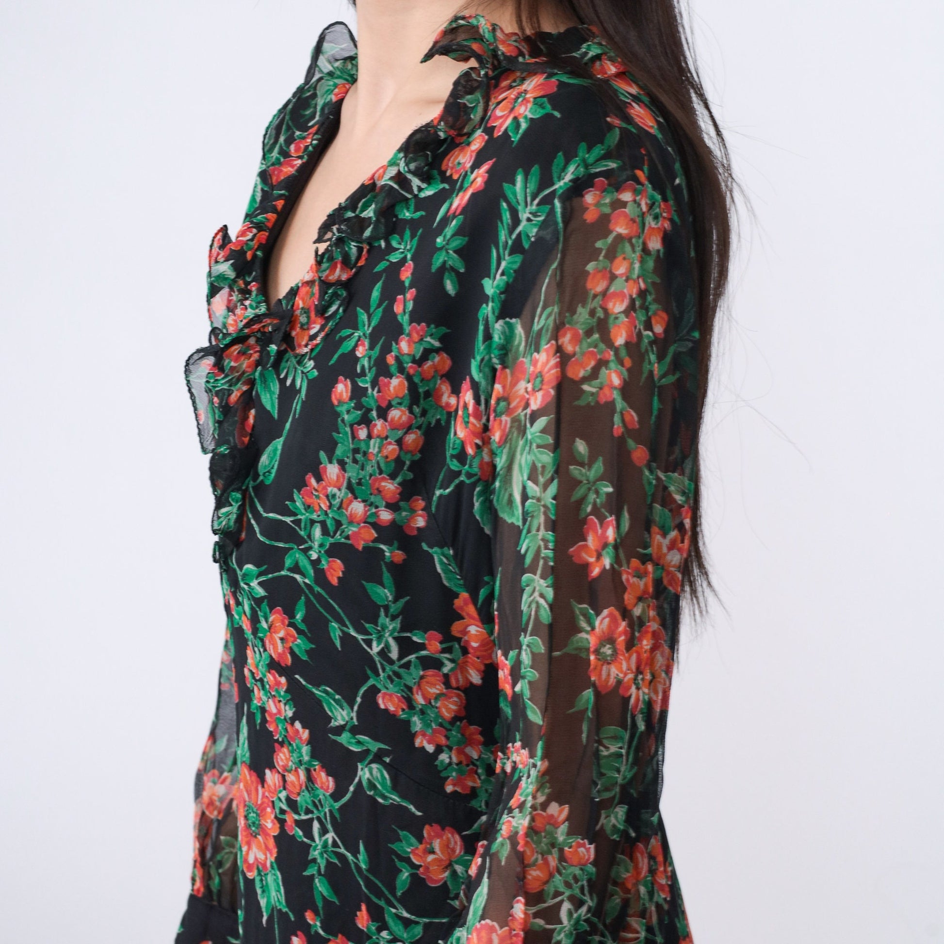70s Floral Babydoll Mini Dress Empire Waist V-Neck Long Sleeve Black Large
