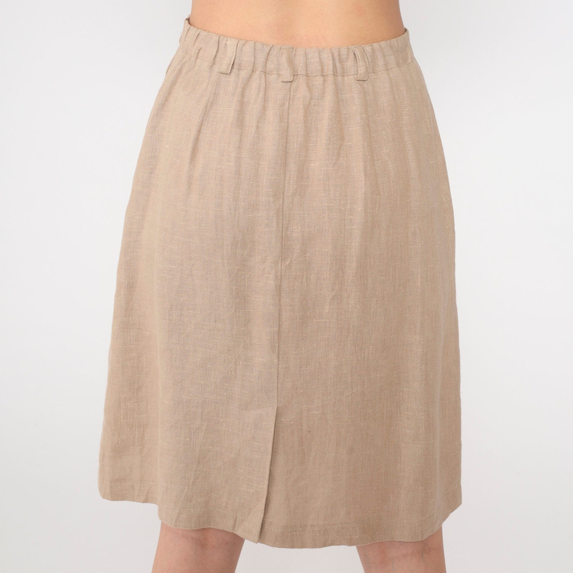 80s Harve Benard Linen Midi Skirt Tan Button Front High Waist Small