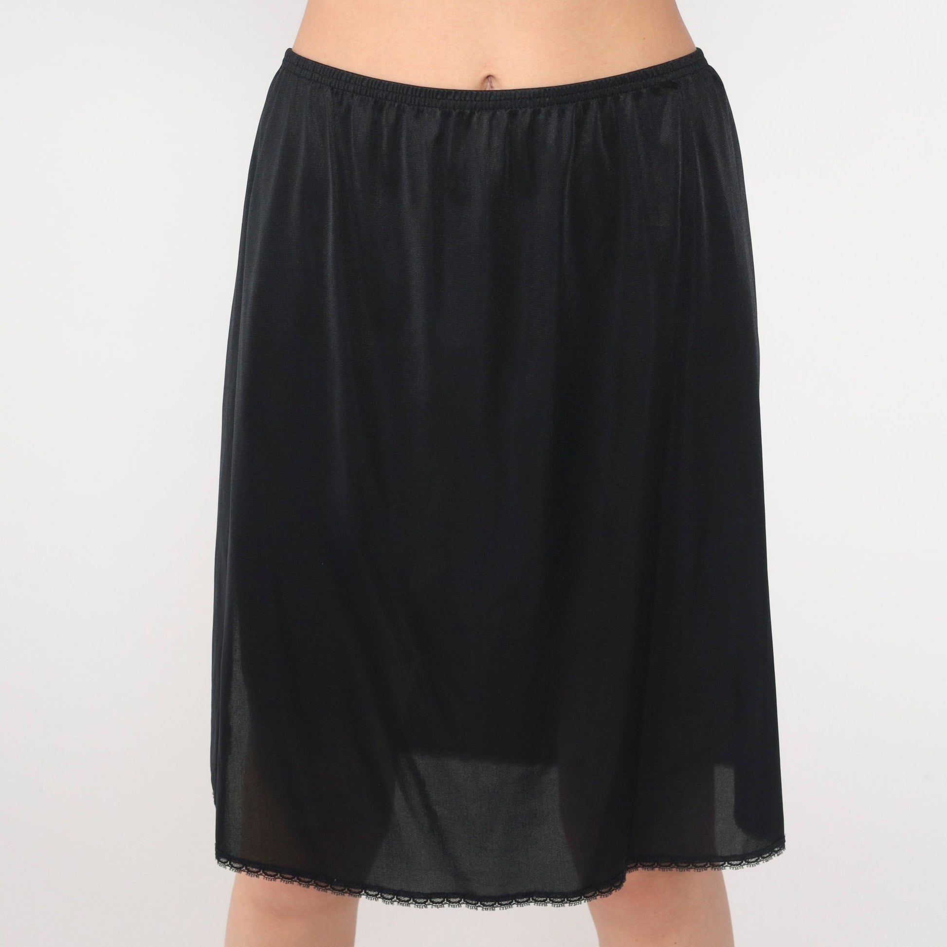 70s Vanity Fair Black Slip Skirt Lace Trim Mini High Waisted Medium