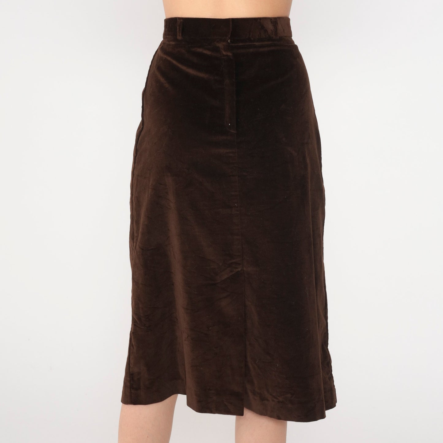 80s Brown Velvet Pencil Skirt High Waist Midi Extra Small XS