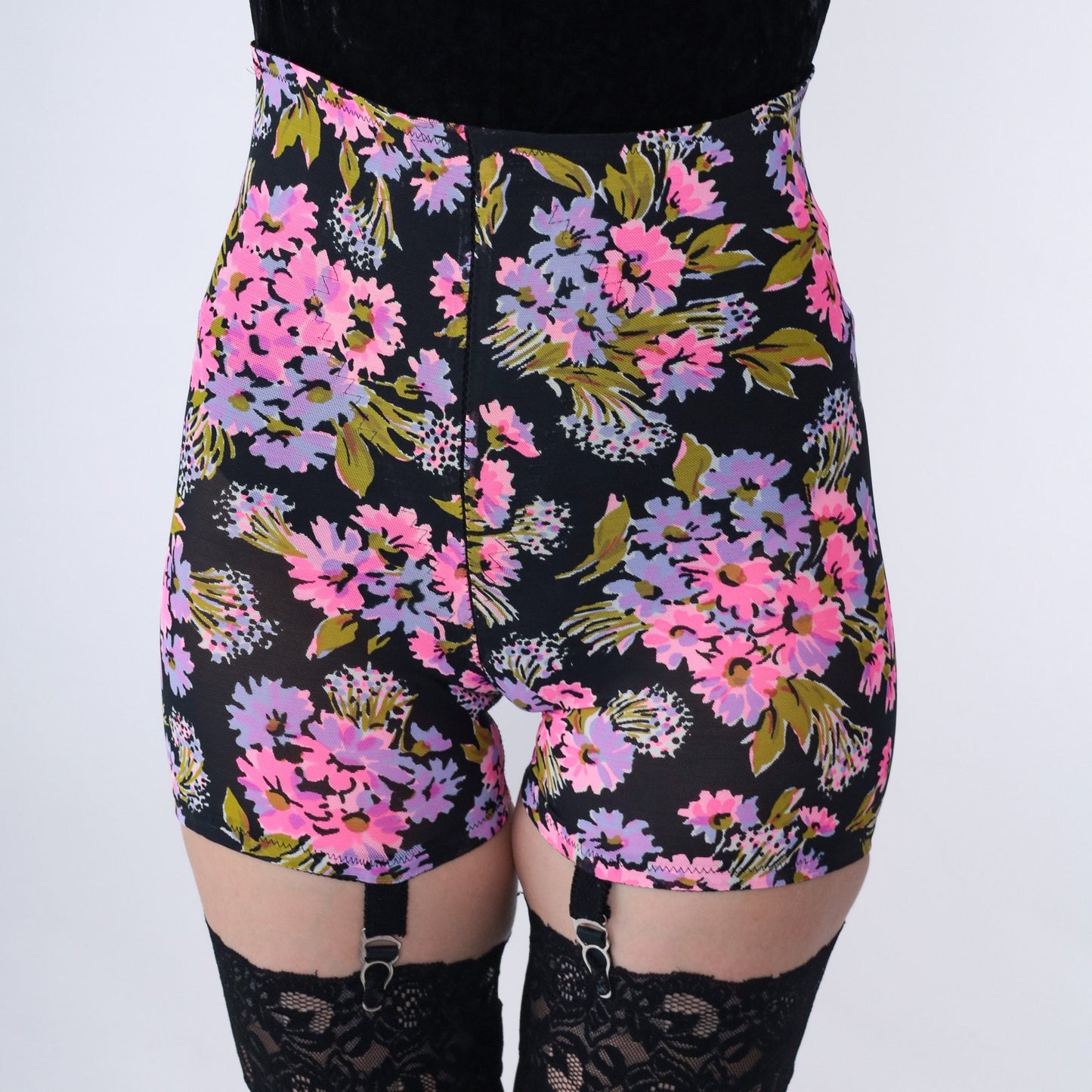60s Hayes Panty Girdle Floral Black Hot Pink Shapewear Extra Small