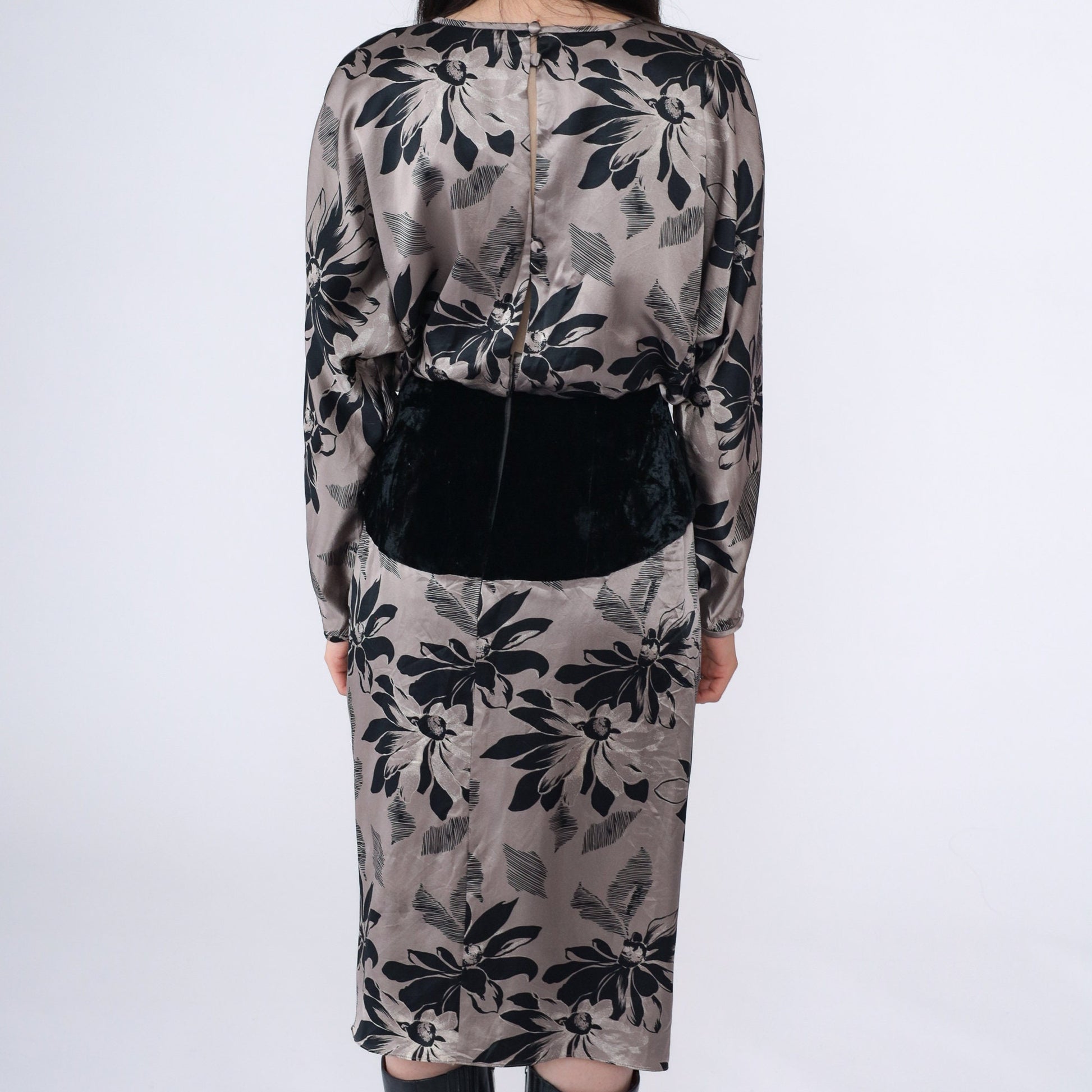 80s Silk Studio Floral Midi Dress Taupe Black Velvet Beaded Small 6