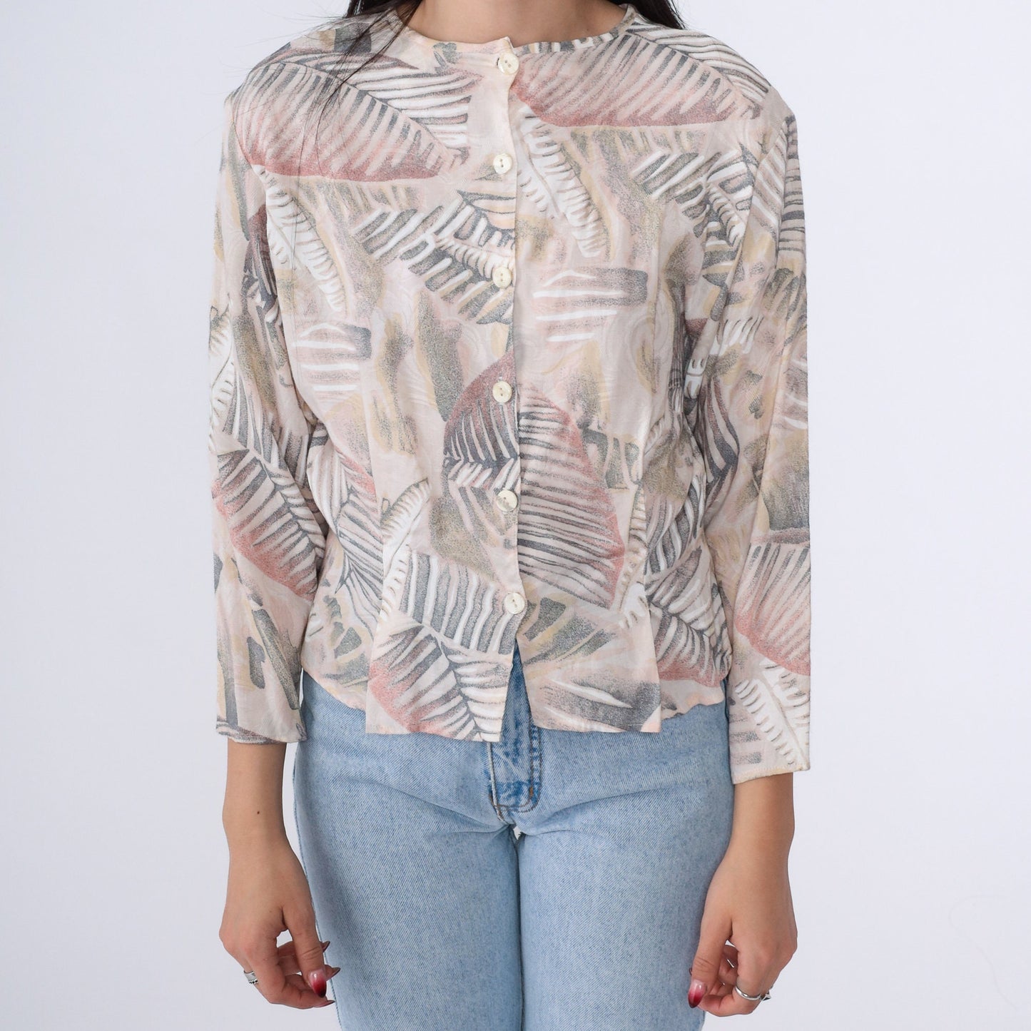 90s Melrose Leaf Print Blouse Beige Button Up 3/4 Sleeve Medium