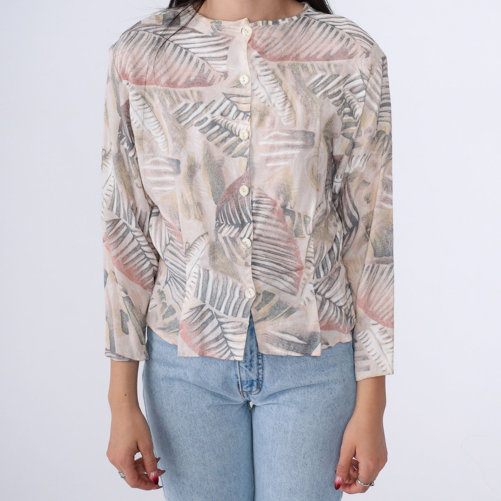 90s Melrose Leaf Print Blouse Beige Button Up 3/4 Sleeve Medium