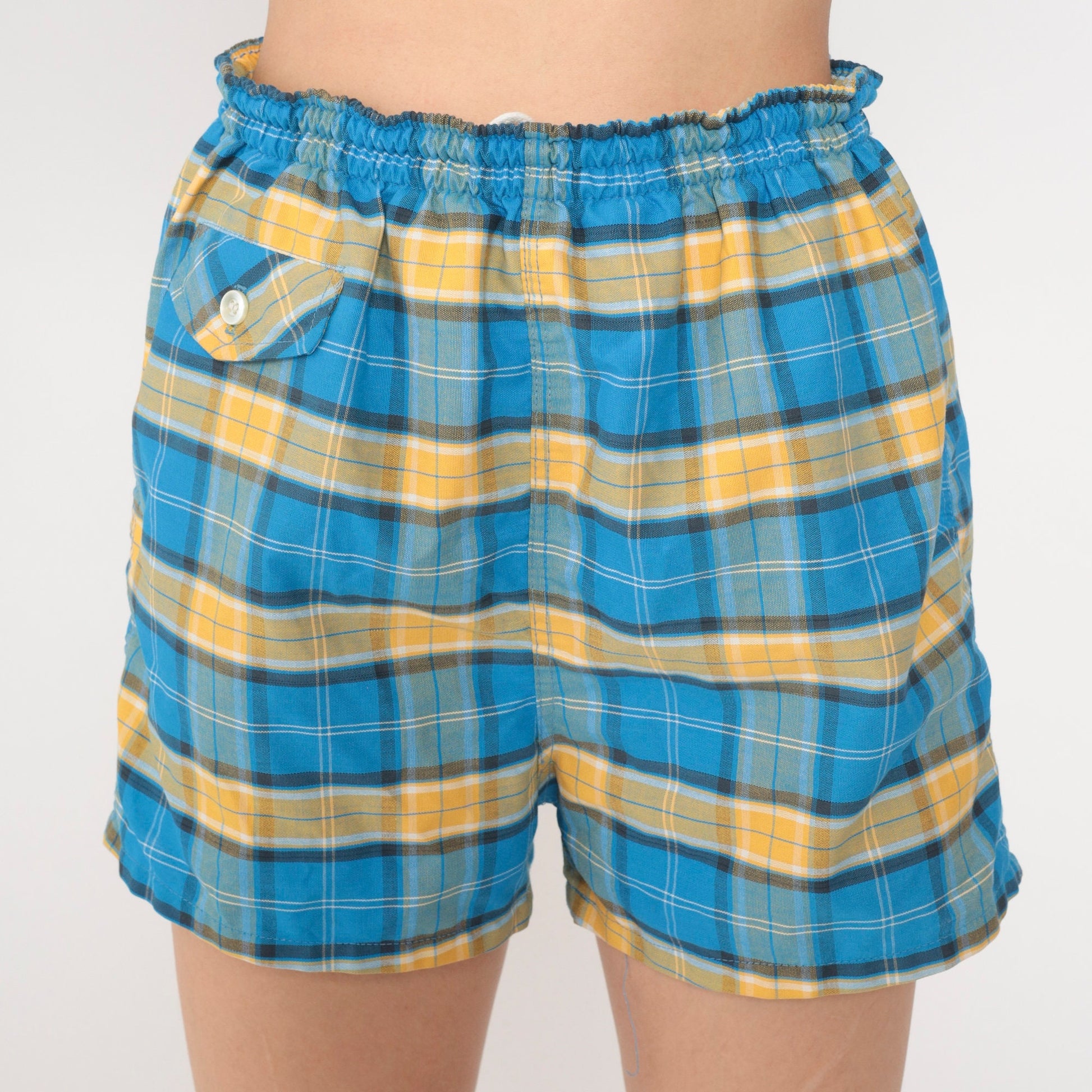 80s Blue Plaid Shorts Elastic Drawstring Waist Cotton Blend Medium