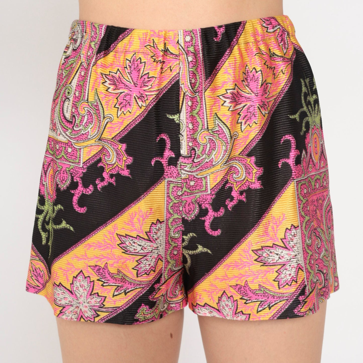 60s Psychedelic Leaf Print Shorts High Waist Neon Pink Black Extra Small
