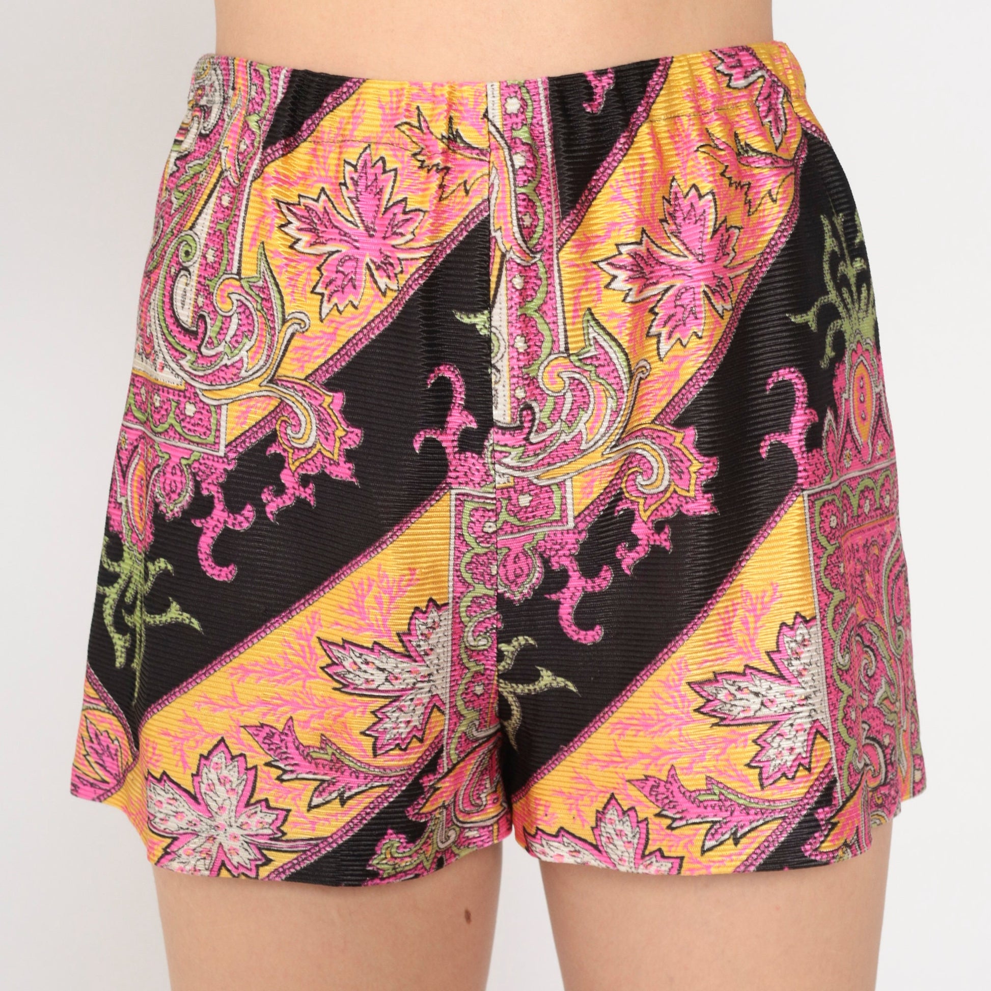 60s Psychedelic Leaf Print Shorts High Waist Neon Pink Black Extra Small