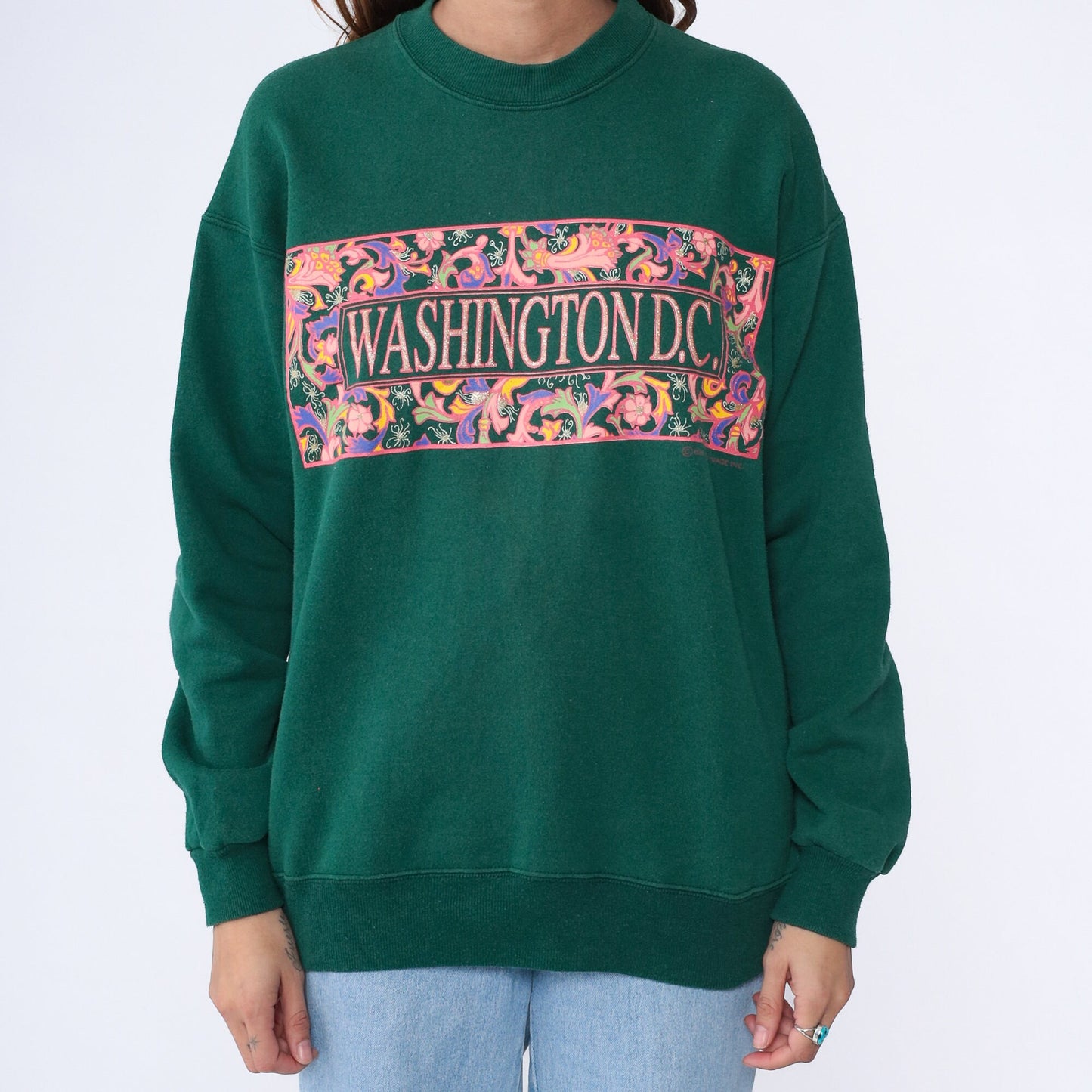 90s Washington DC Sparkly Sweatshirt Dark Green Glitter Spellout Crewneck Large