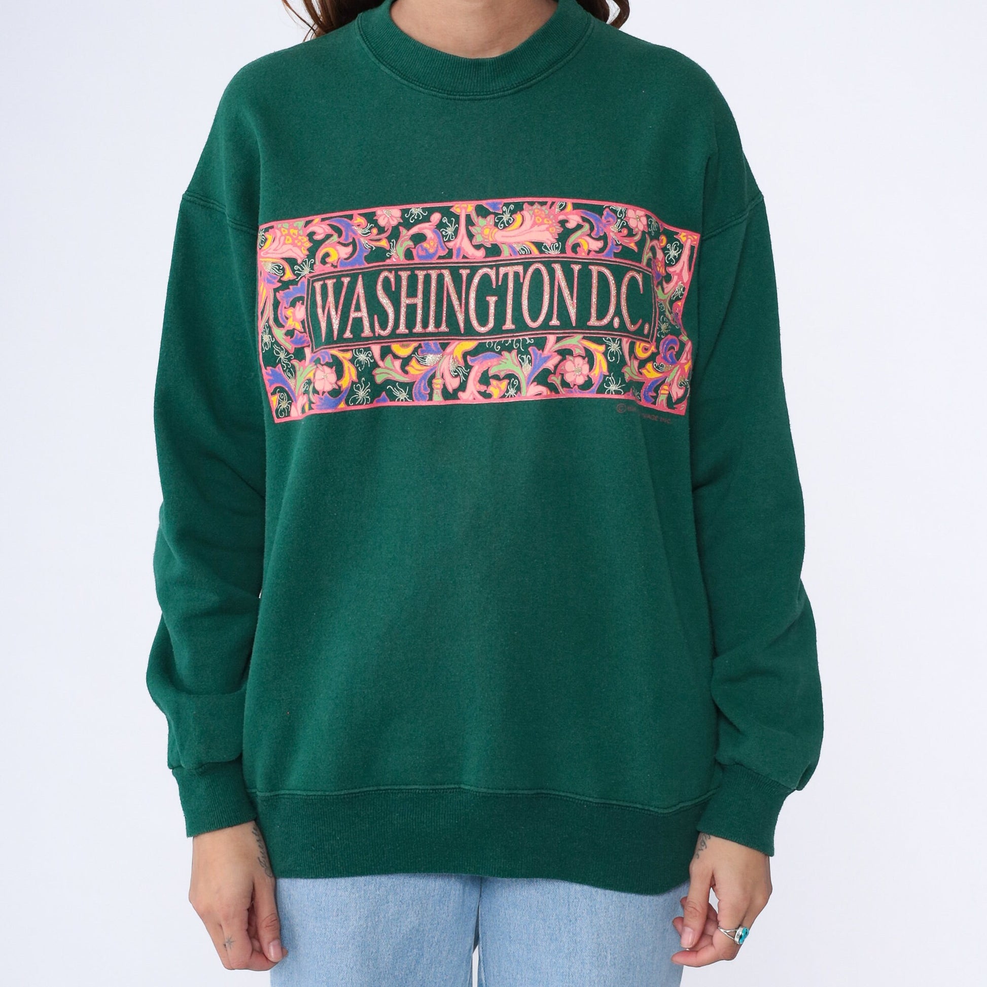 90s Washington DC Sparkly Sweatshirt Dark Green Glitter Spellout Crewneck Large