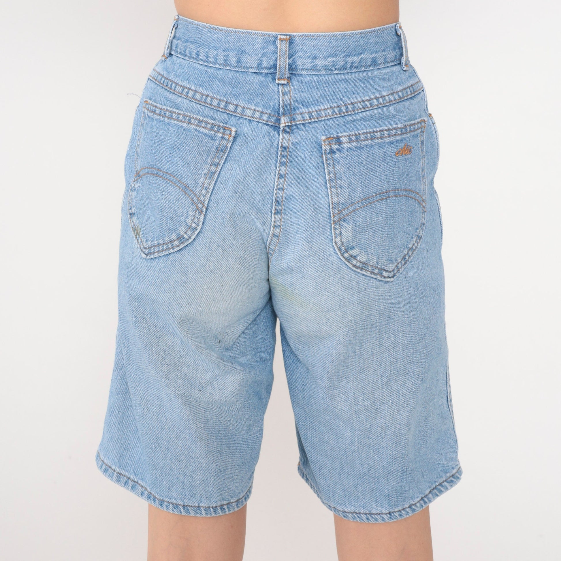 90s Blue Denim Bermuda Shorts High Rise Stone Wash Extra Small XS