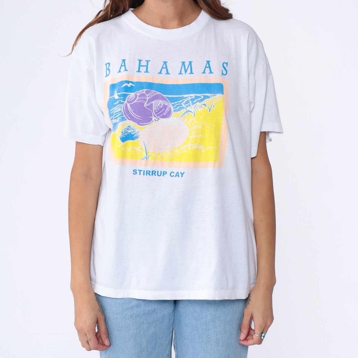 90s Bahamas Stirrup Cay Graphic T-Shirt White Cotton Tee Large L