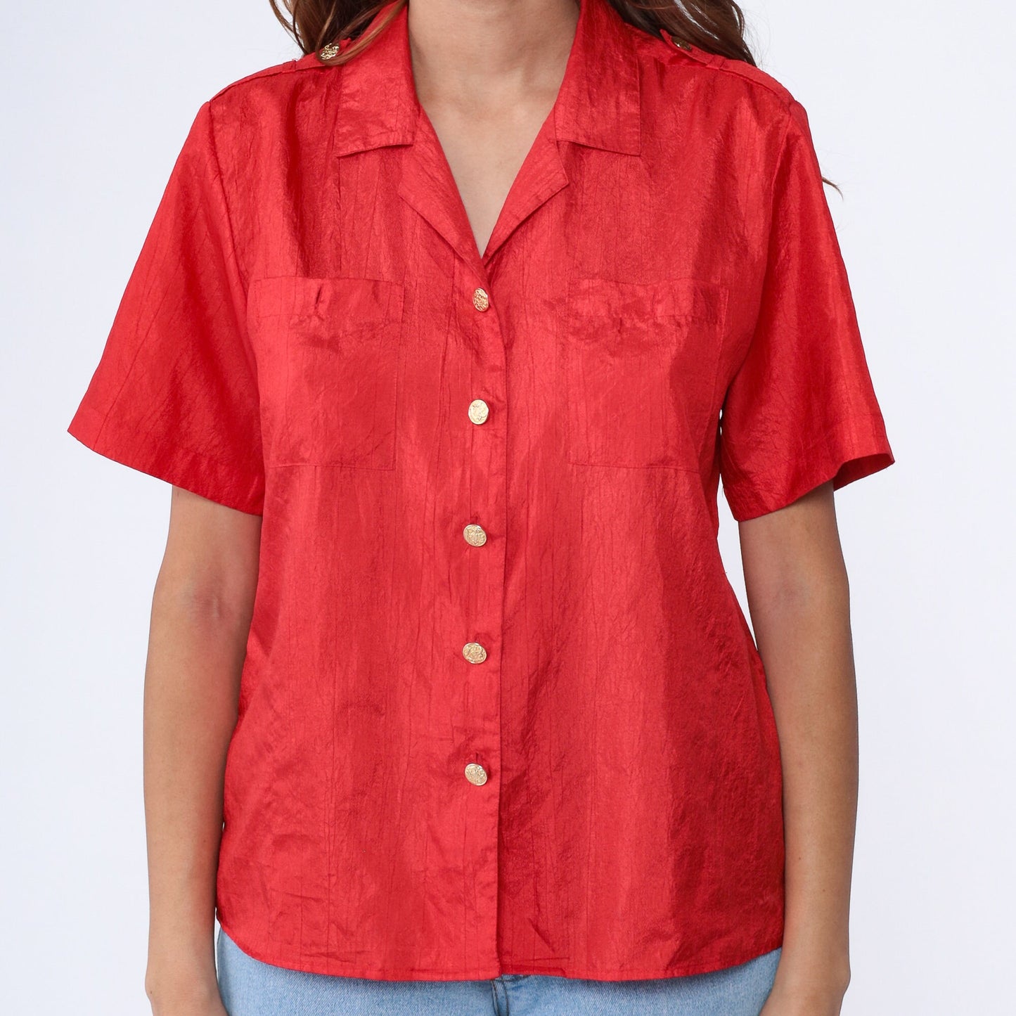 90s Red Shiny Button Up Blouse Gold Buttons Shoulder Epaulettes Medium Large