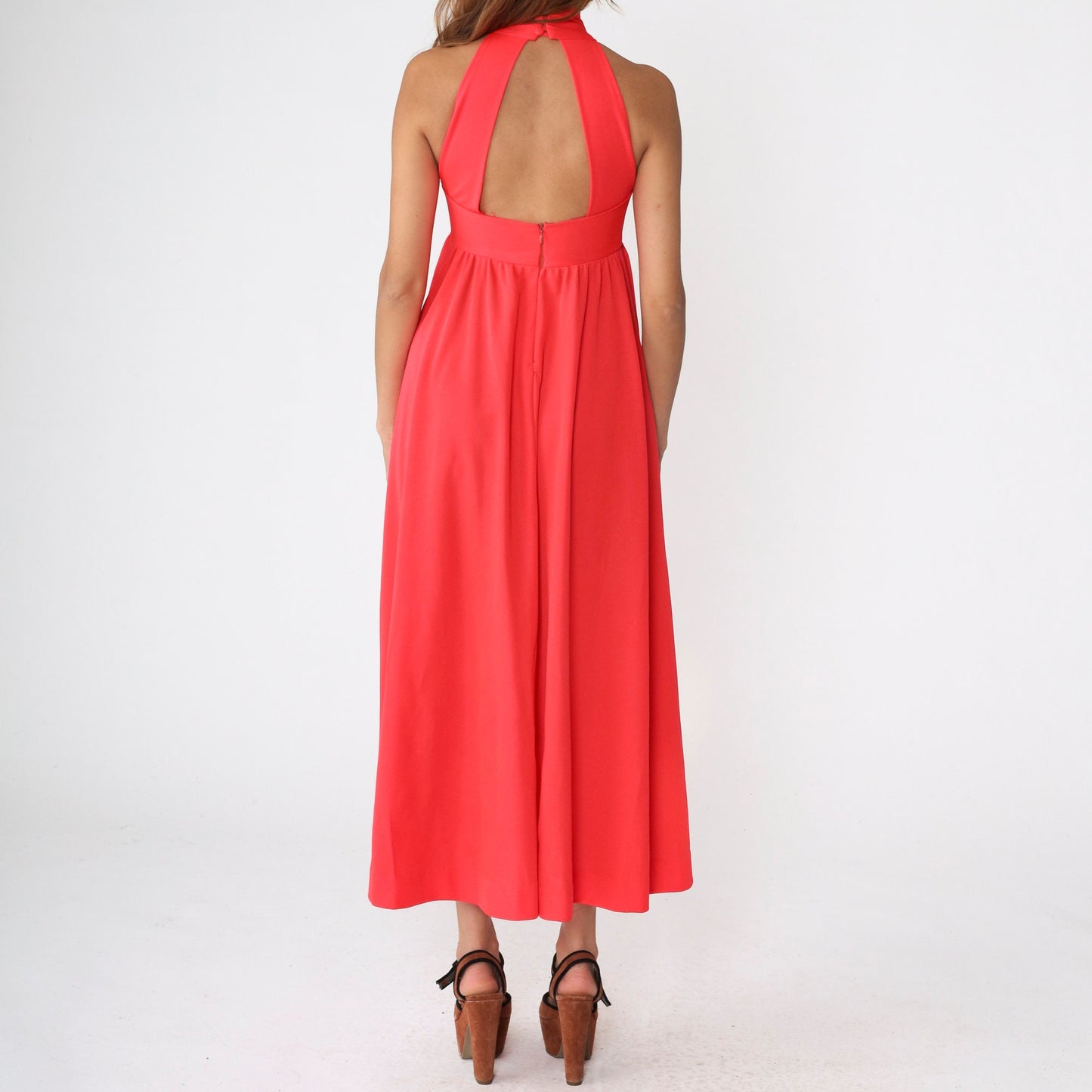 70s Coral Maxi Dress Halter Keyhole Back Empire Waist Criss Cross Small