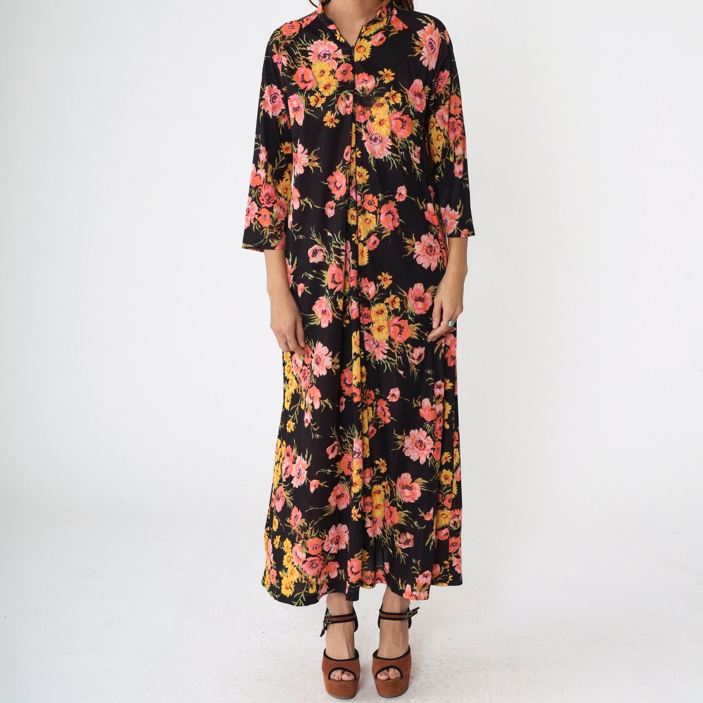 70s Black Floral Maxi Nightgown Zip Front 3/4 Sleeve Loungewear Large