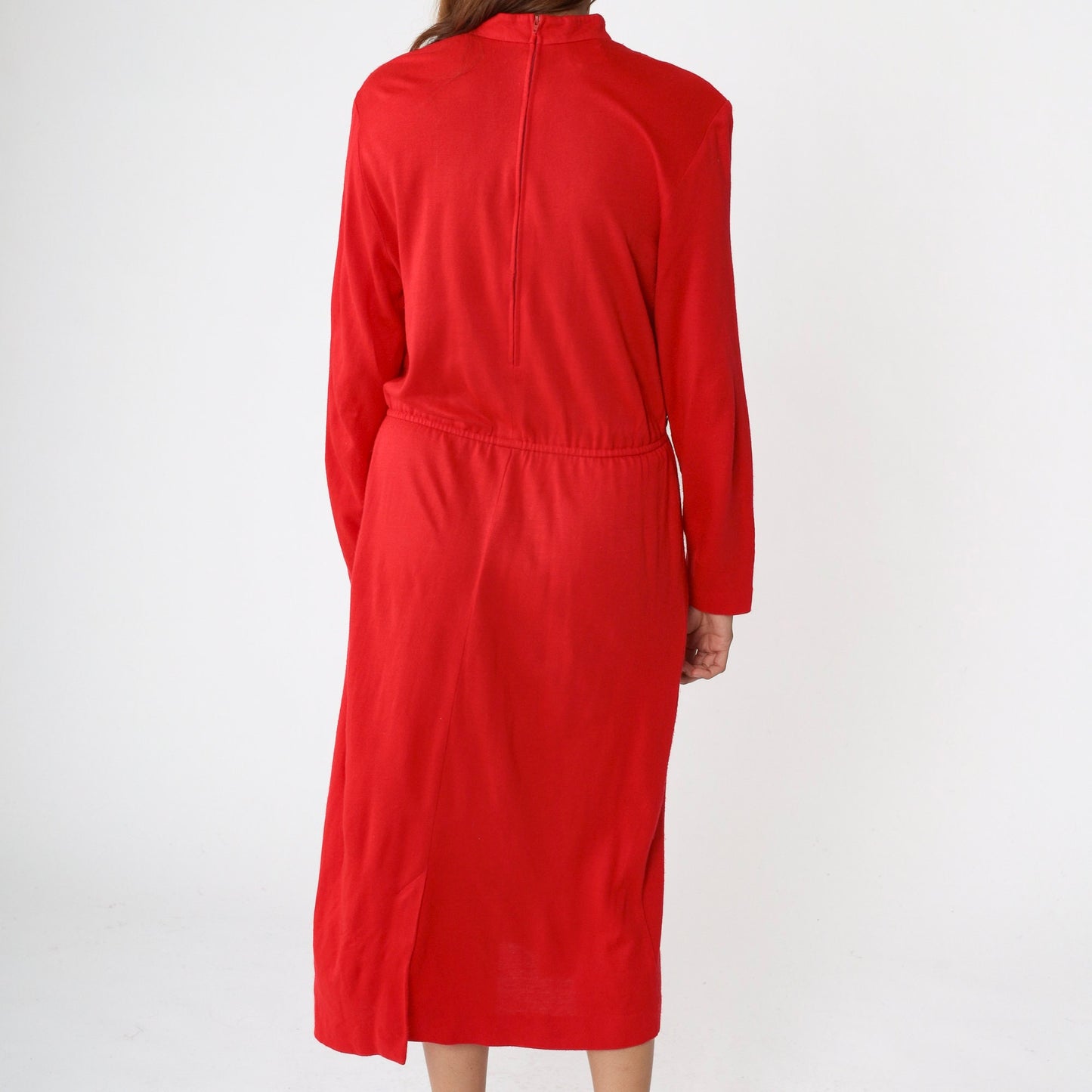 80s Red Mock Neck Midi Dress Long Sleeve Elastic Waist Medium