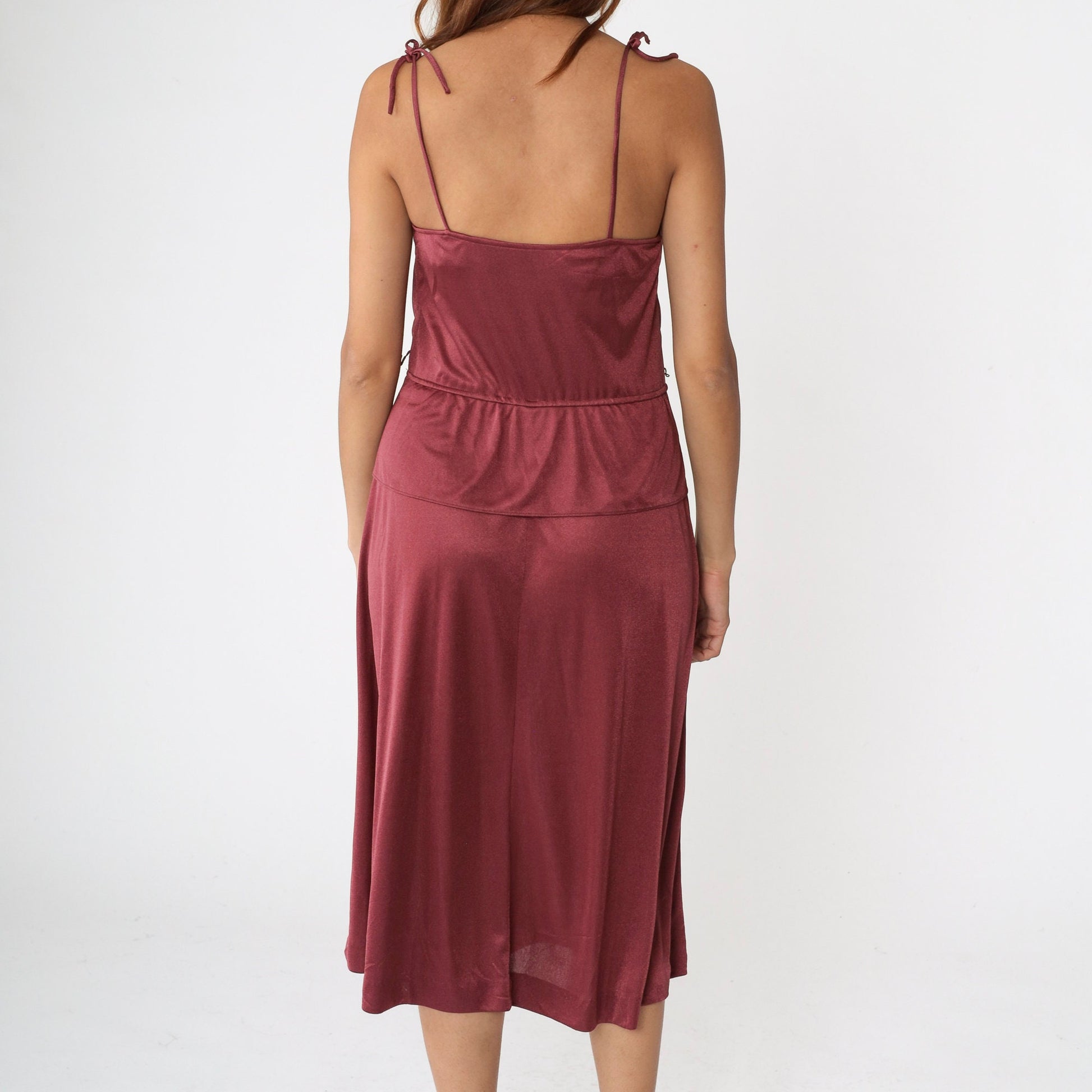 70s Burgundy Midi Dress High Waist Peplum Spaghetti Strap Small