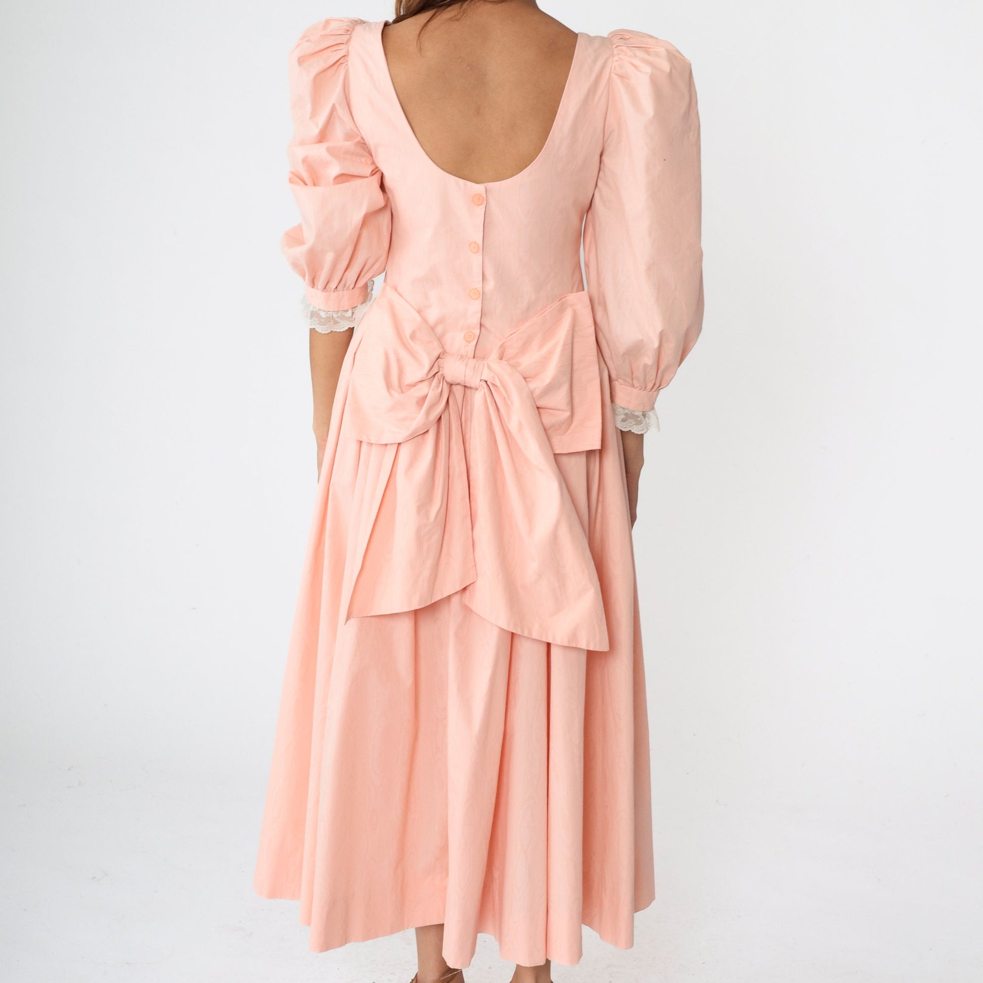 80s Baby Pink Puff Sleeve Midi Dress Lace Trim Pleated Scoop Back Small
