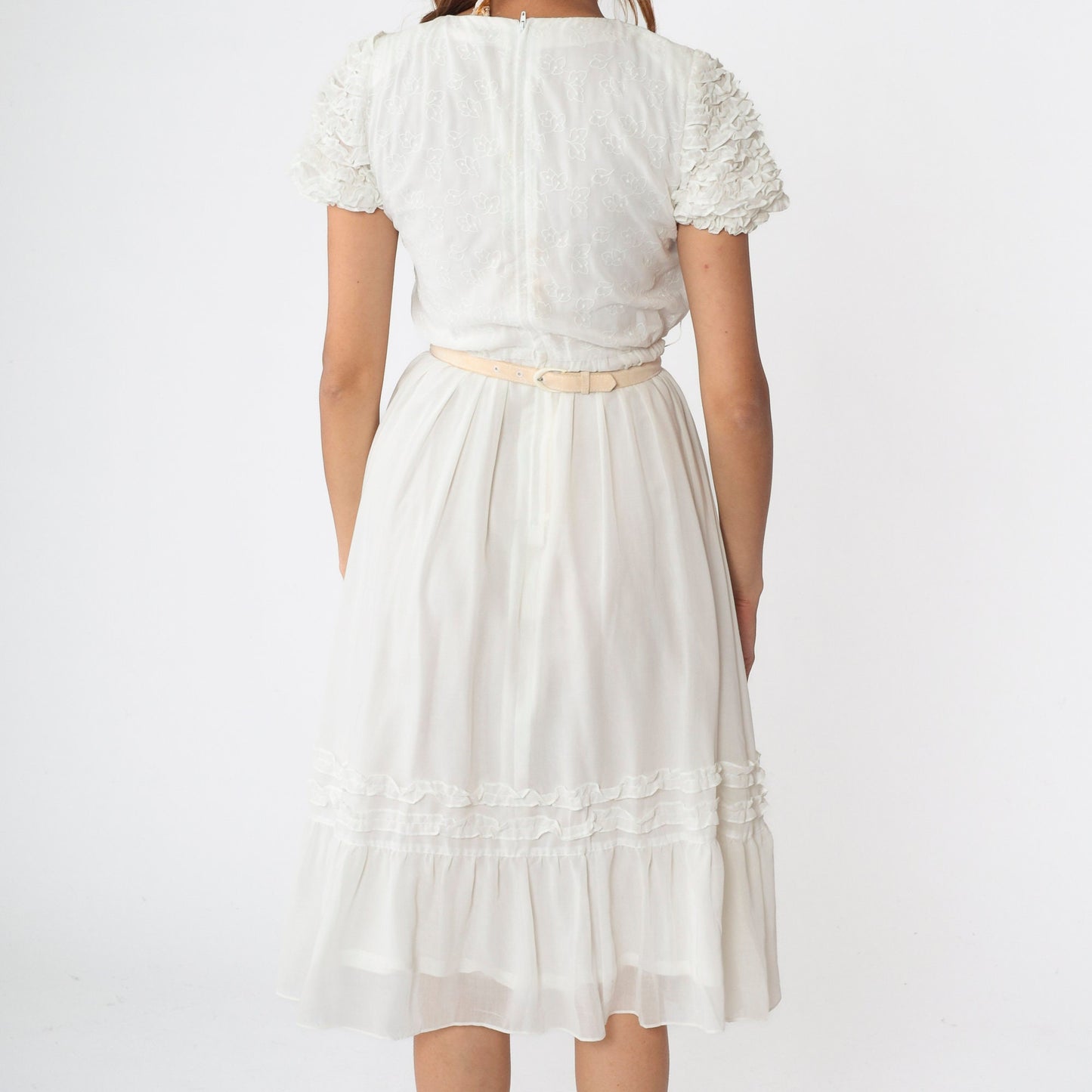 80s White Leaf Print Midi Dress Puff Sleeve High Waist Belt Extra Small
