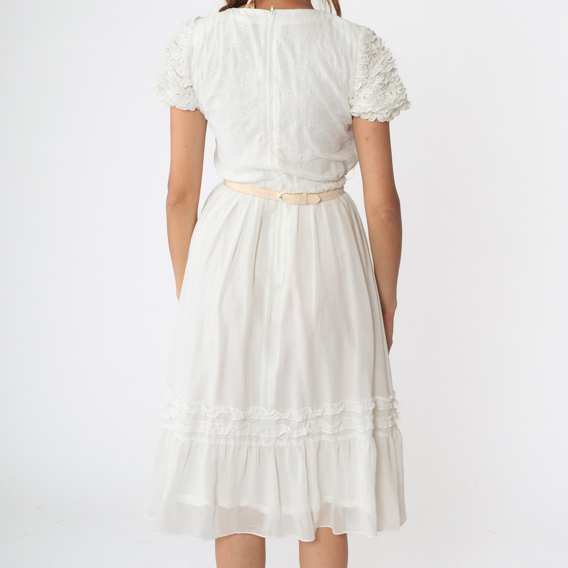 80s White Leaf Print Midi Dress Puff Sleeve High Waist Belt Extra Small