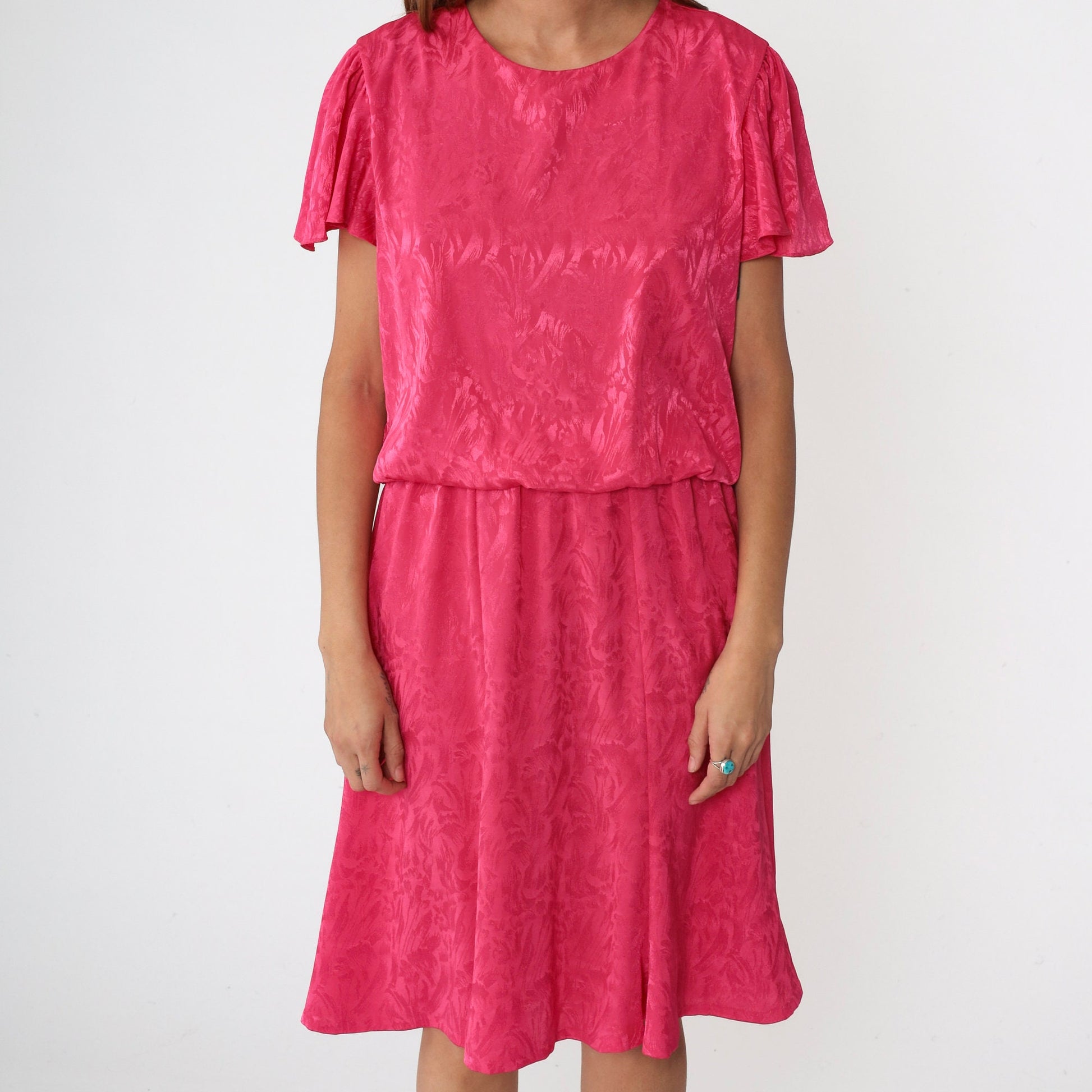 1970s Hot Pink Floral Embossed Midi Dress Flutter Sleeve High Waist Medium