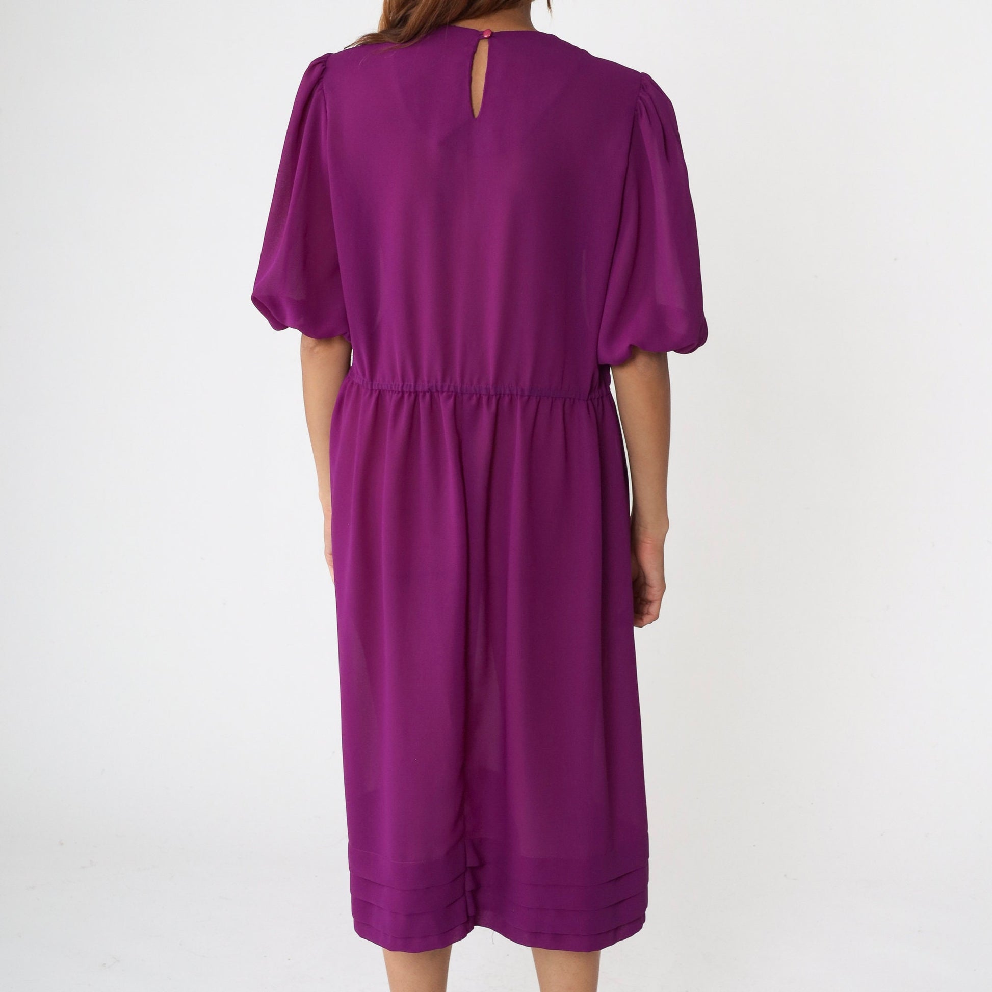 80s Purple Sheer Midi Dress Puff Sleeve Pleated High Waist Keyhole Medium Large