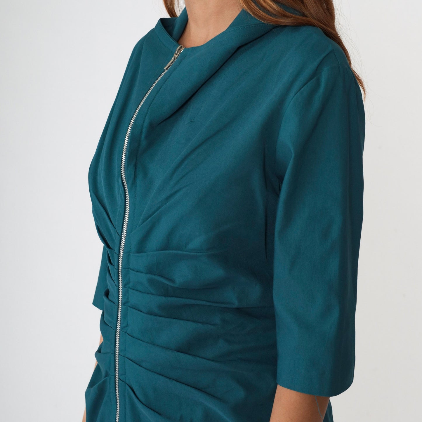 00s Joseph Ribkoff Teal Sheath Dress Front Zip Pleated 3/4 Sleeve Knee Length Large 14