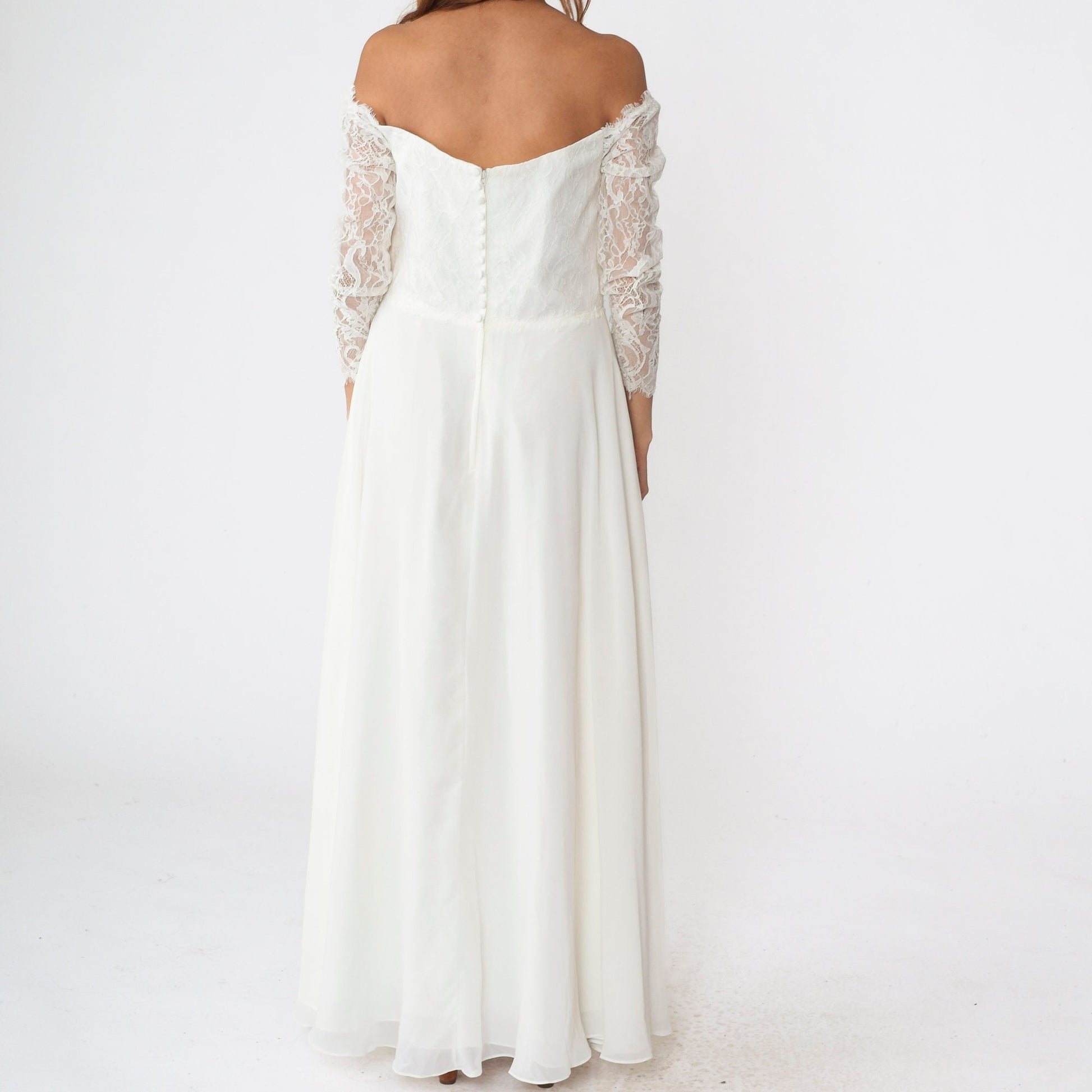 00s Christina Wu Wedding Dress Off-Shoulder Lace Chiffon Maxi White Large 14