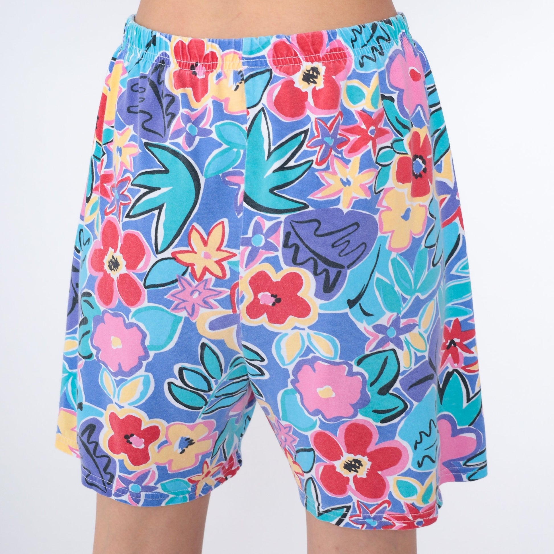 90s Tropical Floral High-Waist Wide-Leg Shorts Purple Blue Medium