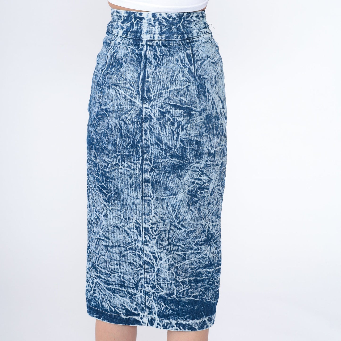 80s Acid Wash Denim Skirt High Waist Button Front Mini Blue XXS