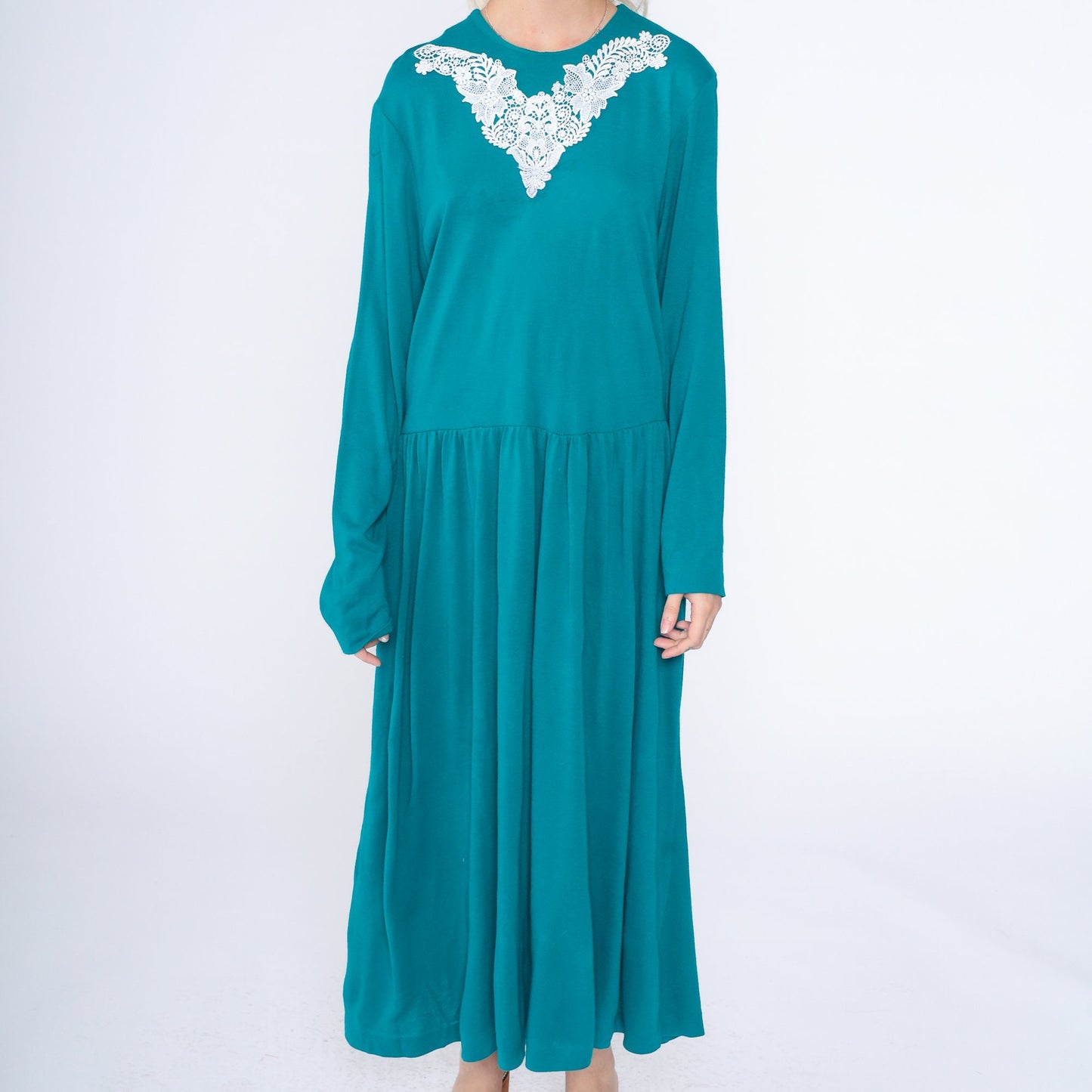 90s Teal Floral Lace Applique Maxi Dress Long Sleeve Low Waist Ankle Length Extra Large