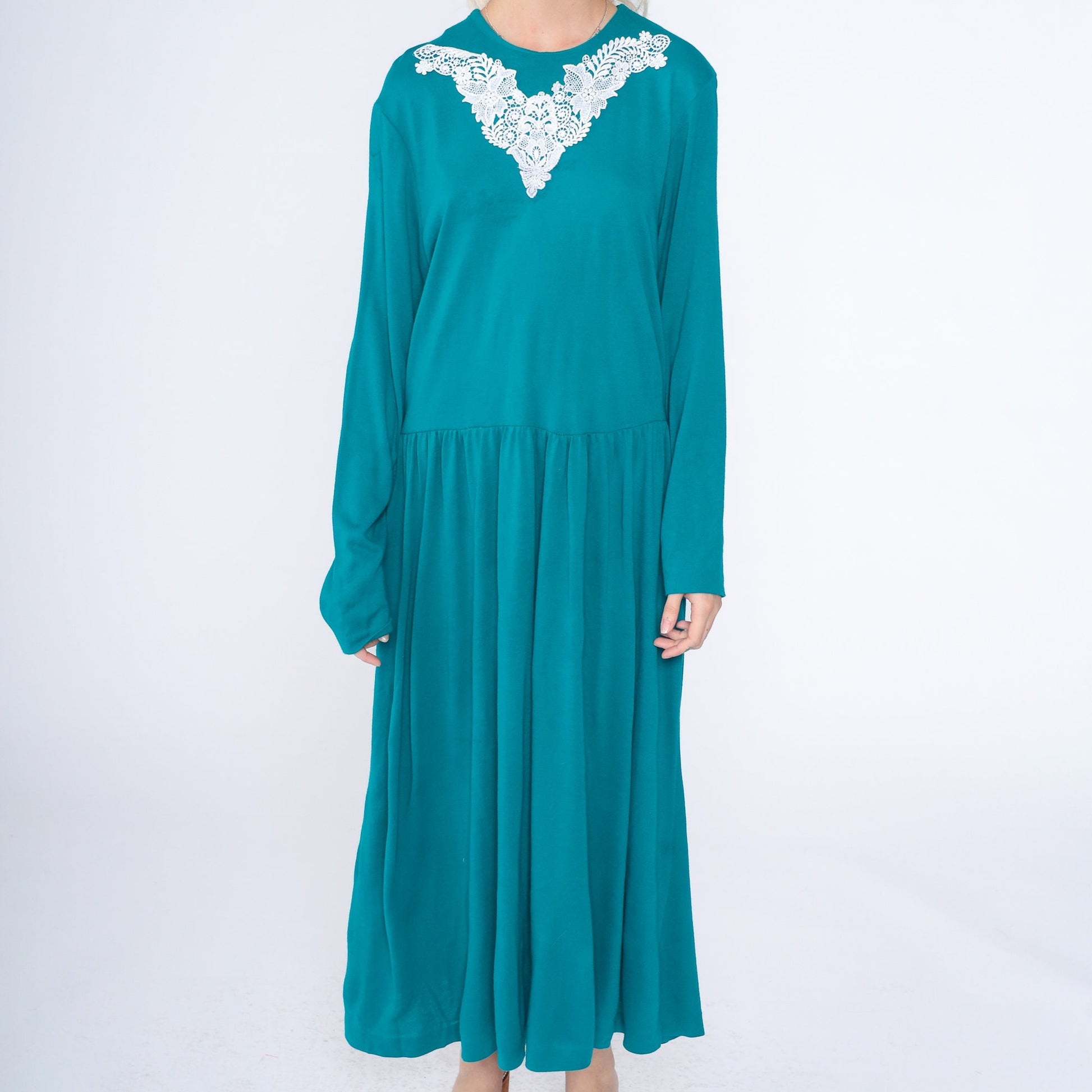 90s Teal Floral Lace Applique Maxi Dress Long Sleeve Low Waist Ankle Length Extra Large
