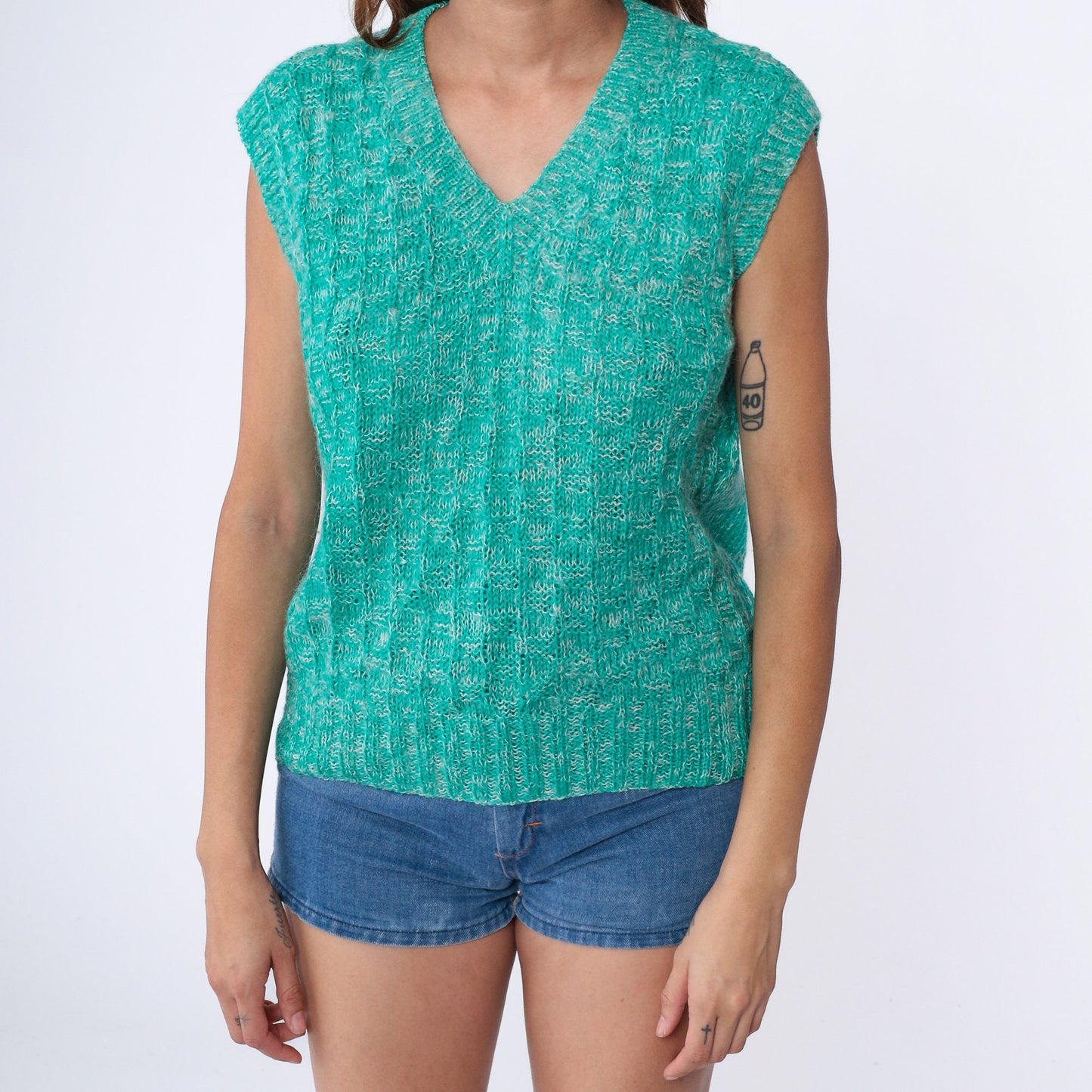 70s Green Knit Sweater Vest V Neck Sleeveless Pullover Large
