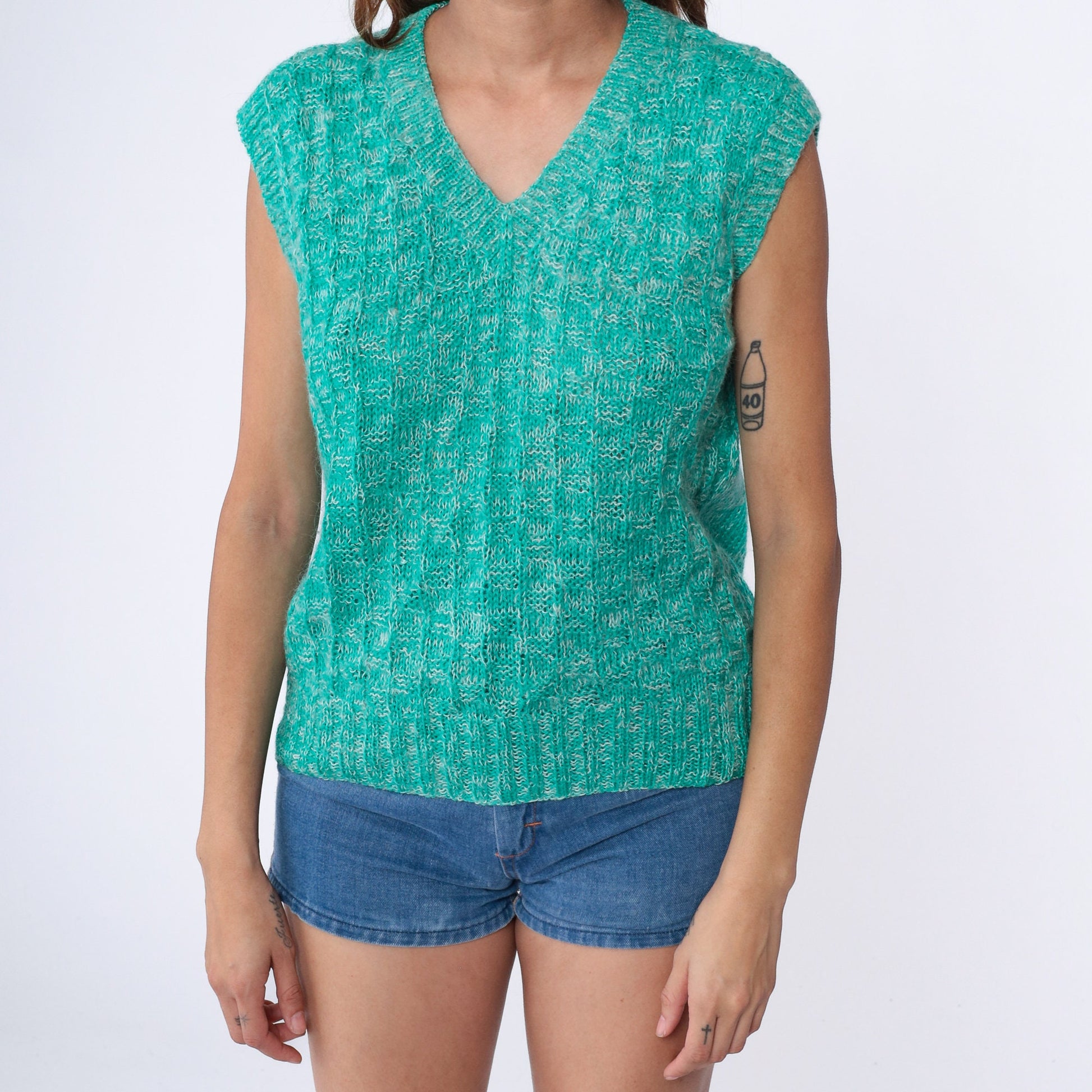 70s Green Knit Sweater Vest V Neck Sleeveless Pullover Large