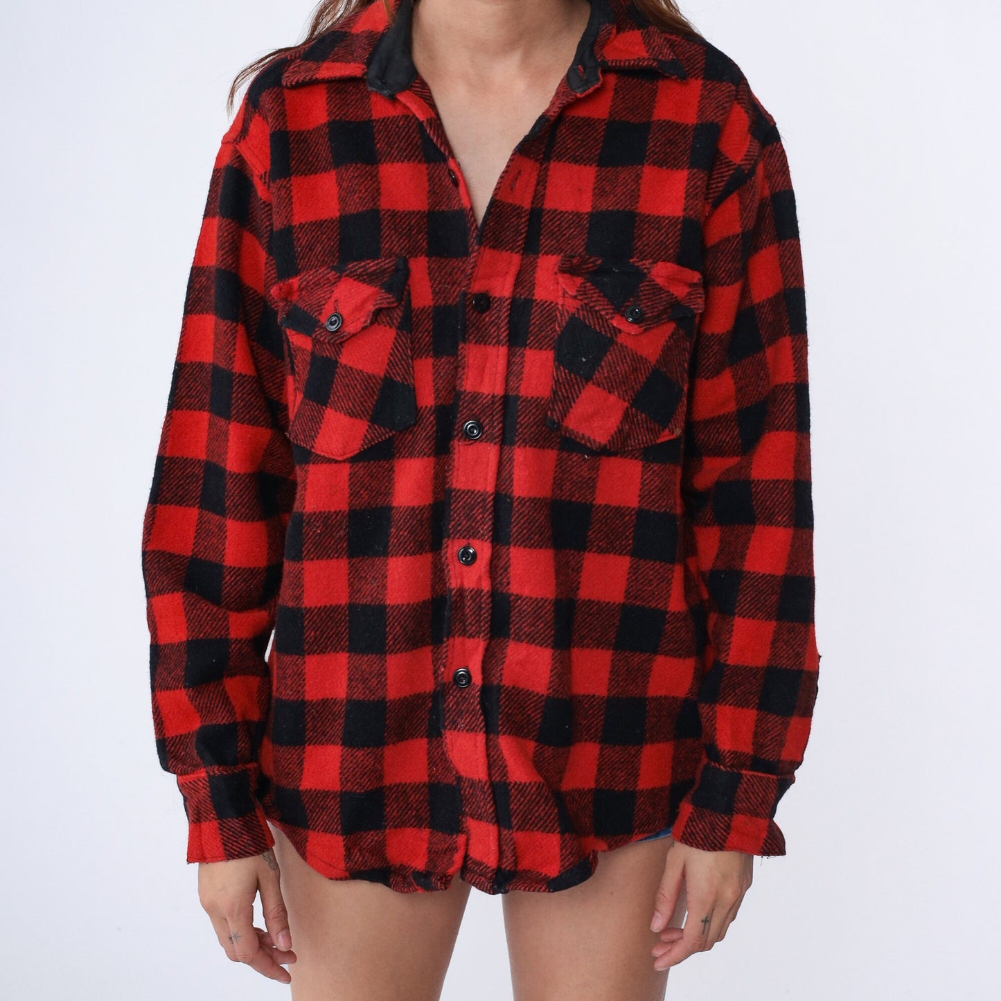 70s Buffalo Plaid Wool Shirt Red Black Lumberjack CPO Jacket Large L