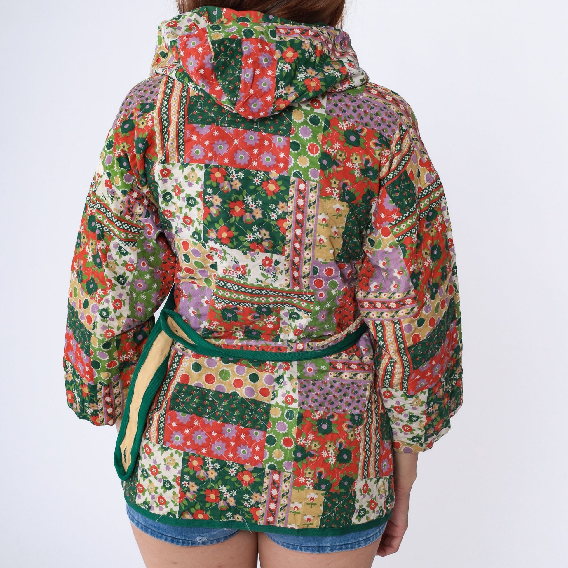 70s Patchwork Floral Quilted Hooded Jacket Green Wrap Toggle Small