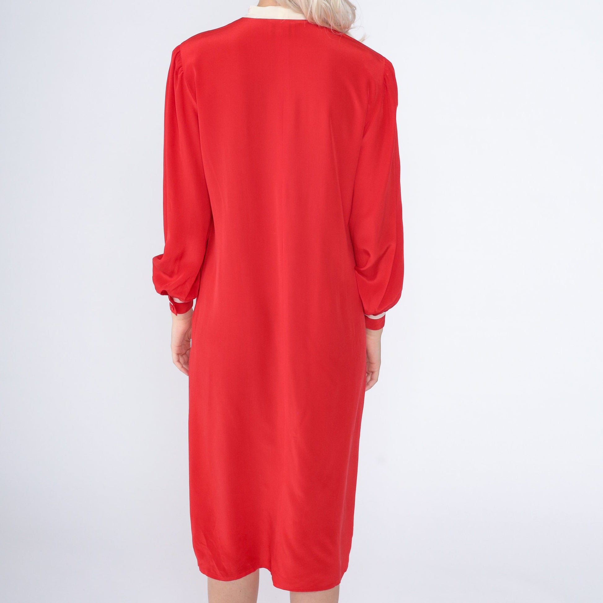 80s Saint Pierre Red Silk Midi Dress Necktie Long Sleeve White Trim Small