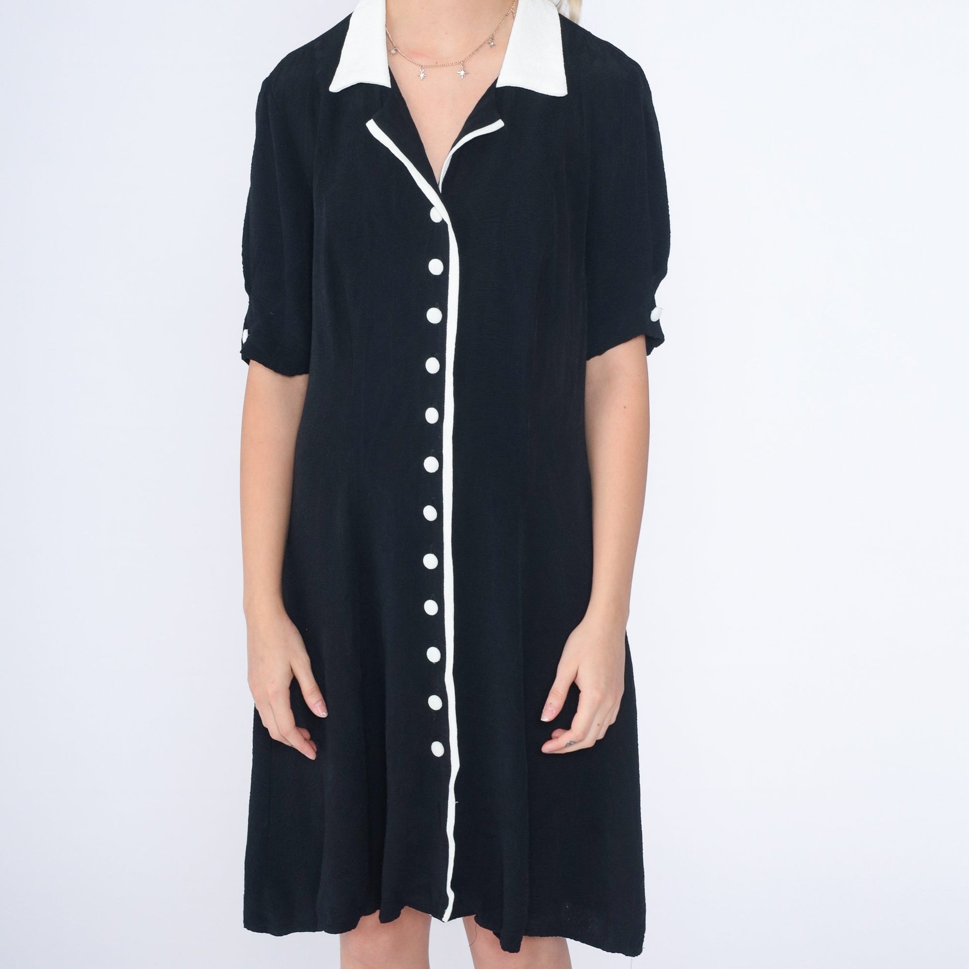 90s Black and White Button-Up Mini Dress Short Sleeve Shift Medium M
