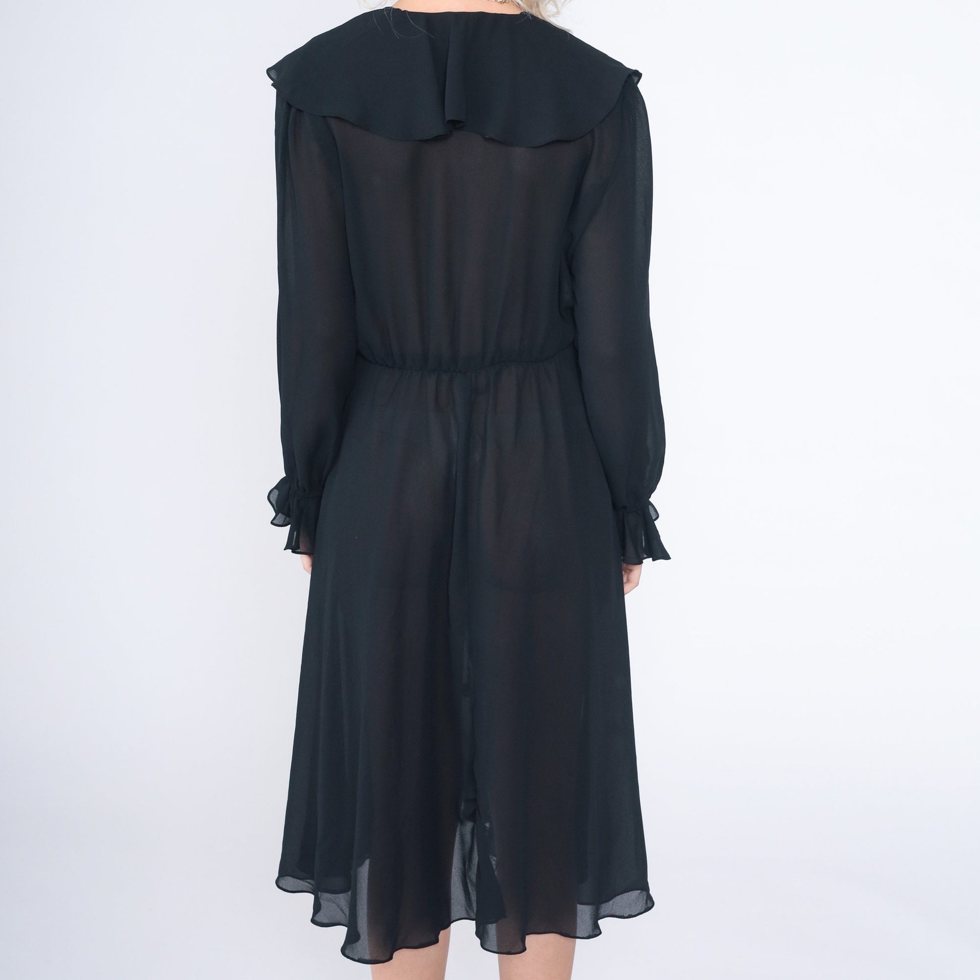 90s Black Midi Dress Ruffled High Waist Long Sleeve Semi-Sheer Small