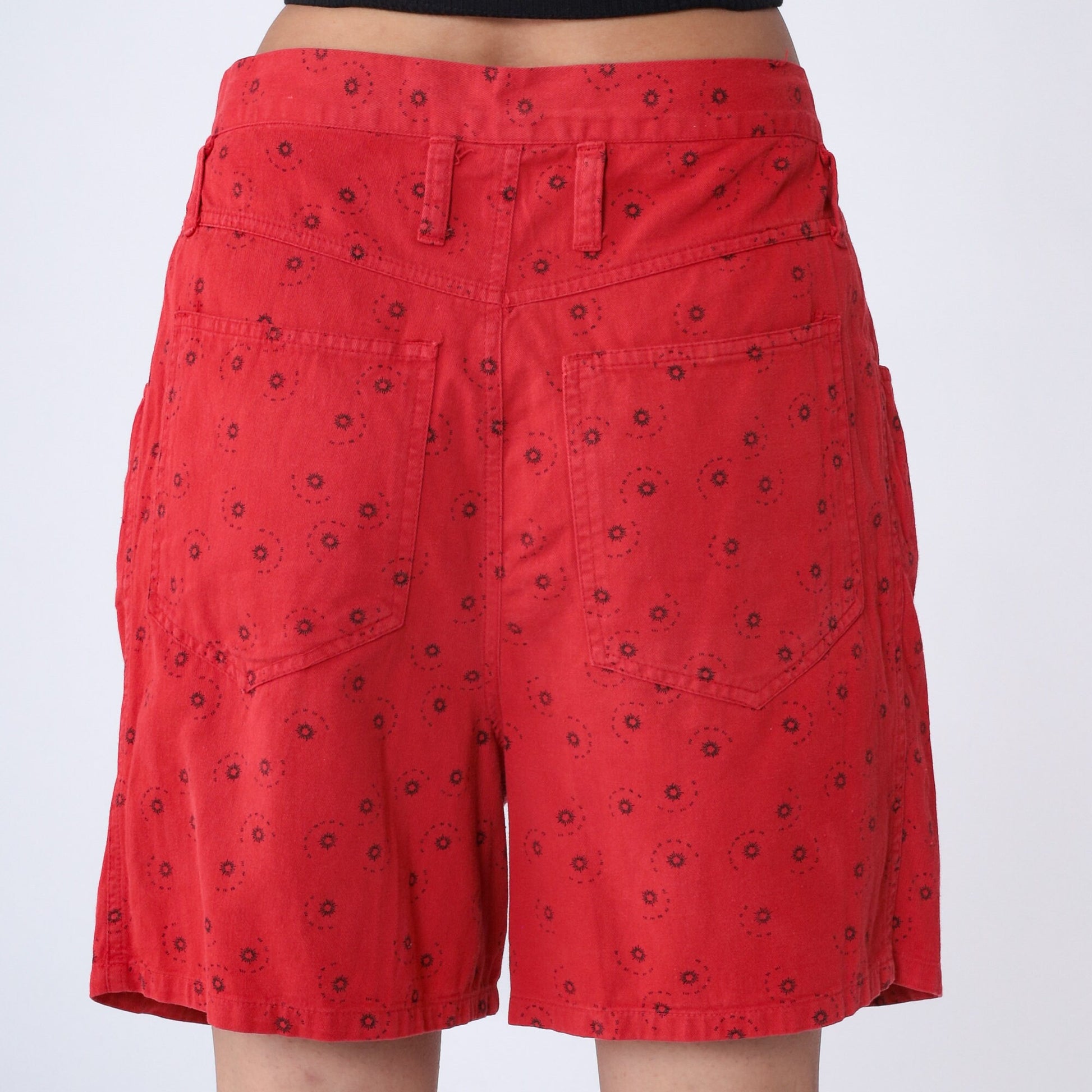 90s Express Red Celestial Pleated High-Waist Shorts Cotton Medium