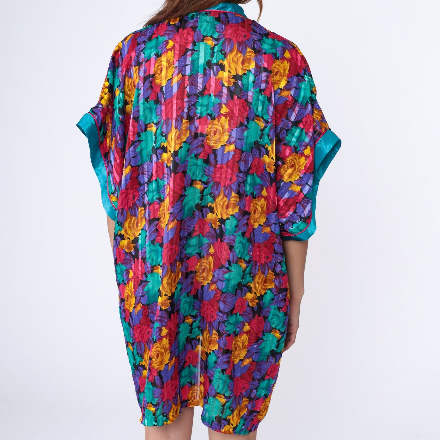 00s Floral Metallic Satin Kimono Robe Mini Open Front Medium M