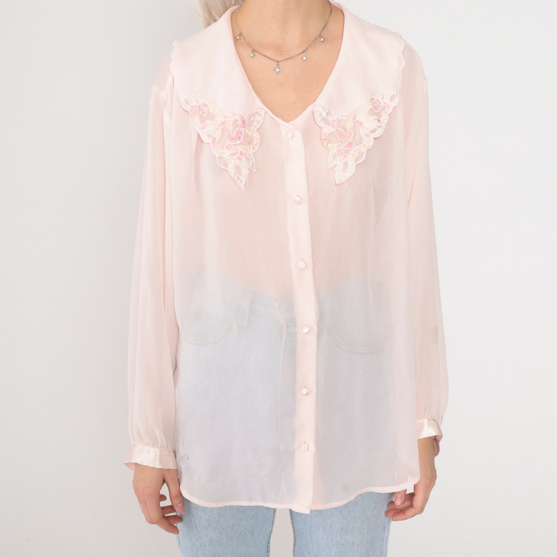 90s Pink Beaded Floral Scalloped Collar Button-Up Blouse Long Sleeve Extra Large XL