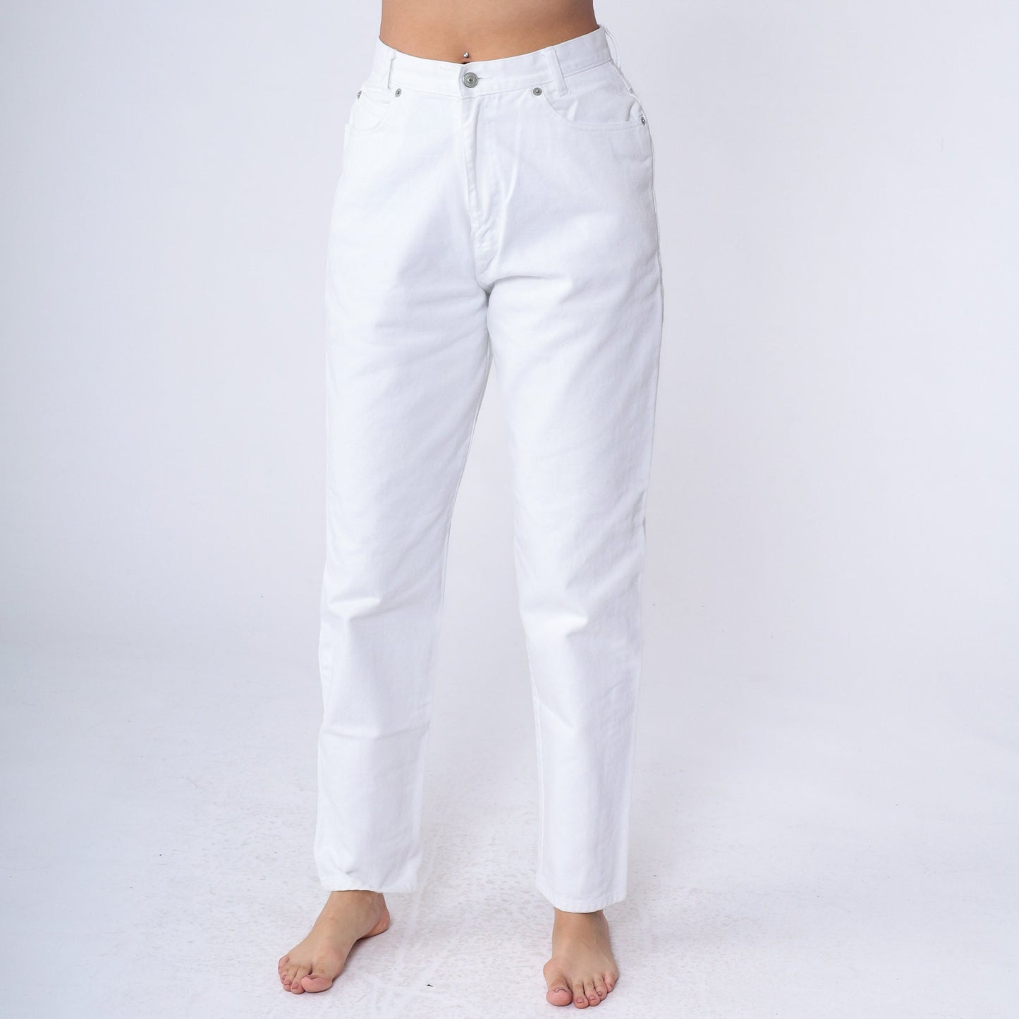 90s White Tapered Mom Jeans High Rise Cotton Denim Small